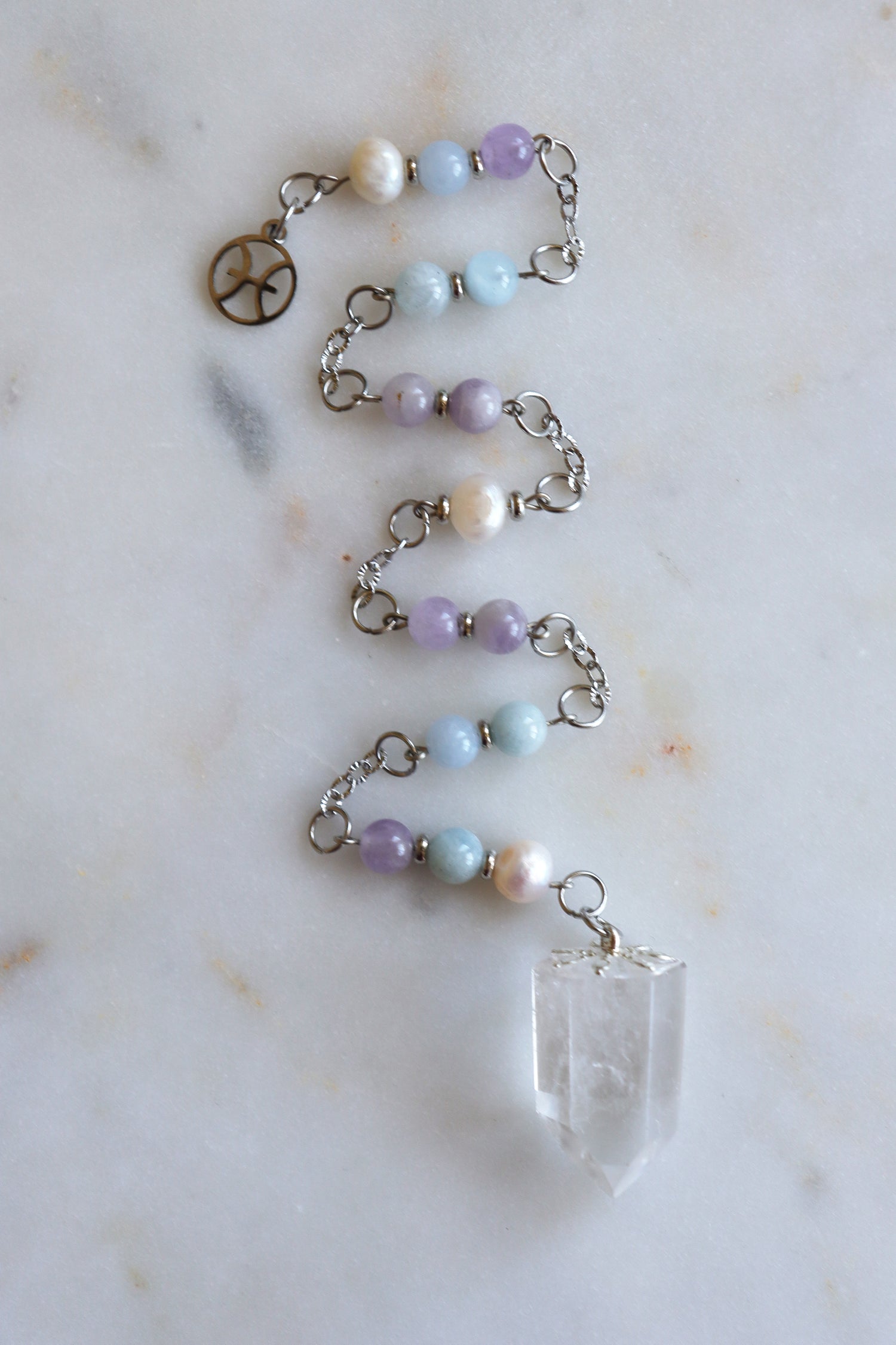 Pisces Zodiac Pendulum, Clear Quartz Crystal Pendulum, Dowsing Tool, Aquamarine Amethyst Pearl Divination Gift