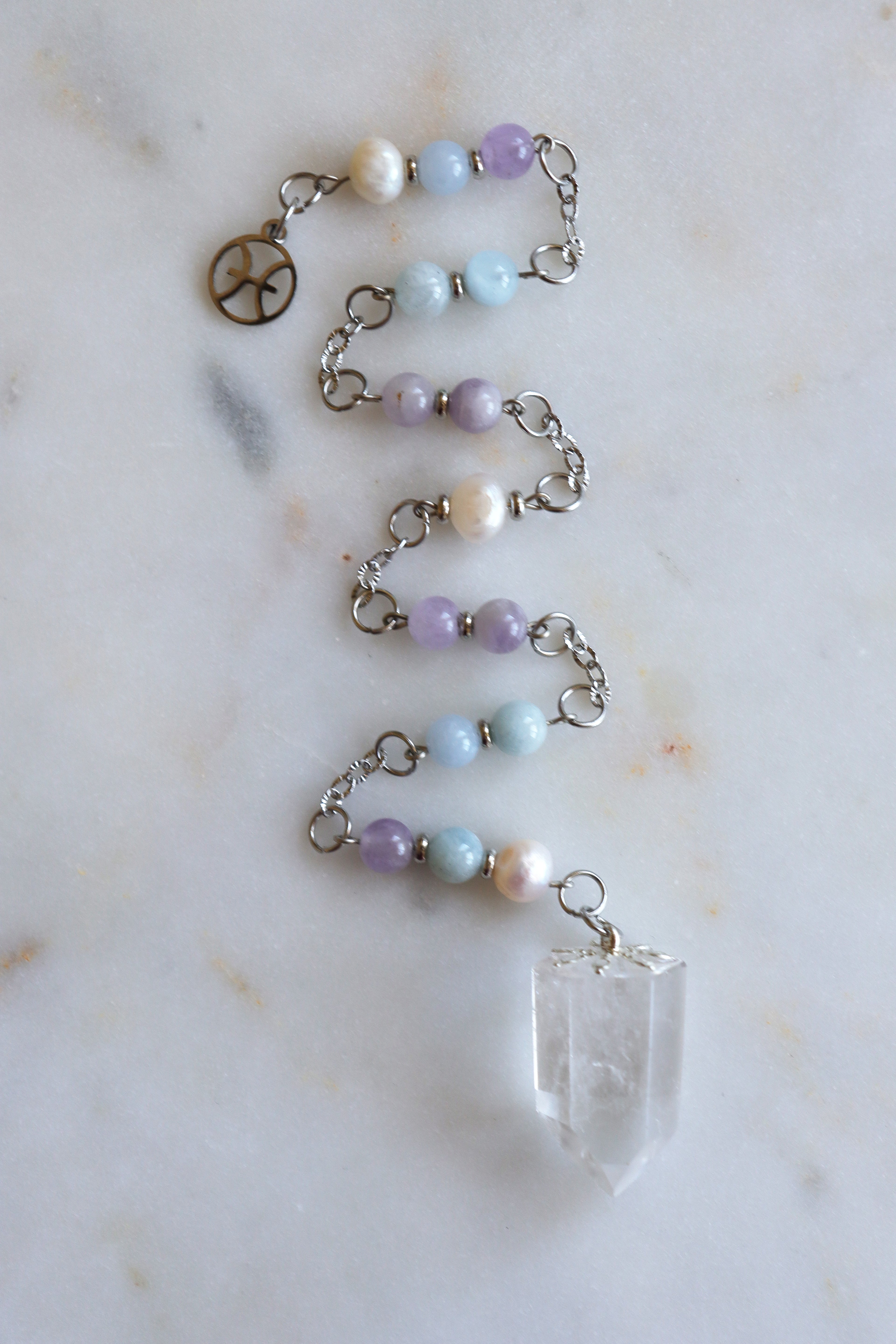 Pisces Zodiac Pendulum, Clear Quartz Crystal Pendulum, Dowsing Tool, Aquamarine Amethyst Pearl Divination Gift