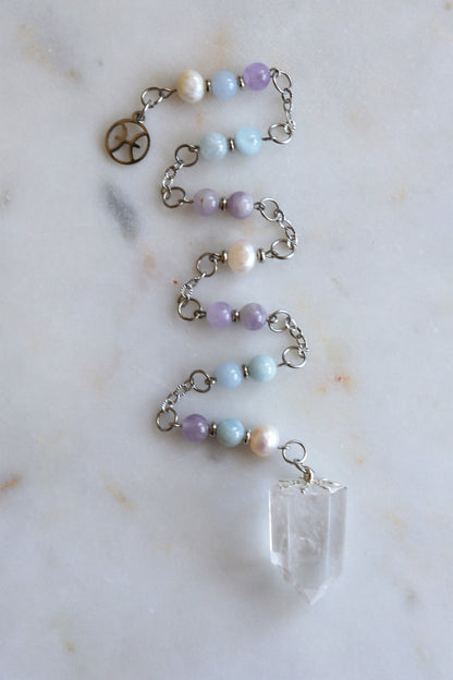 Pisces Zodiac Pendulum, Clear Quartz Crystal Pendulum, Dowsing Tool, Aquamarine Amethyst Pearl Divination Gift
