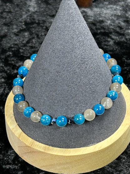 Beautiful HQ Blue Apatite &amp; Moonstone Beaded Stretch Bracelet