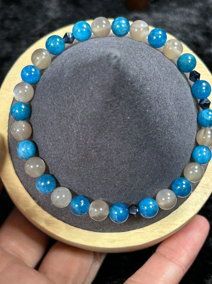 Beautiful HQ Blue Apatite &amp; Moonstone Beaded Stretch Bracelet