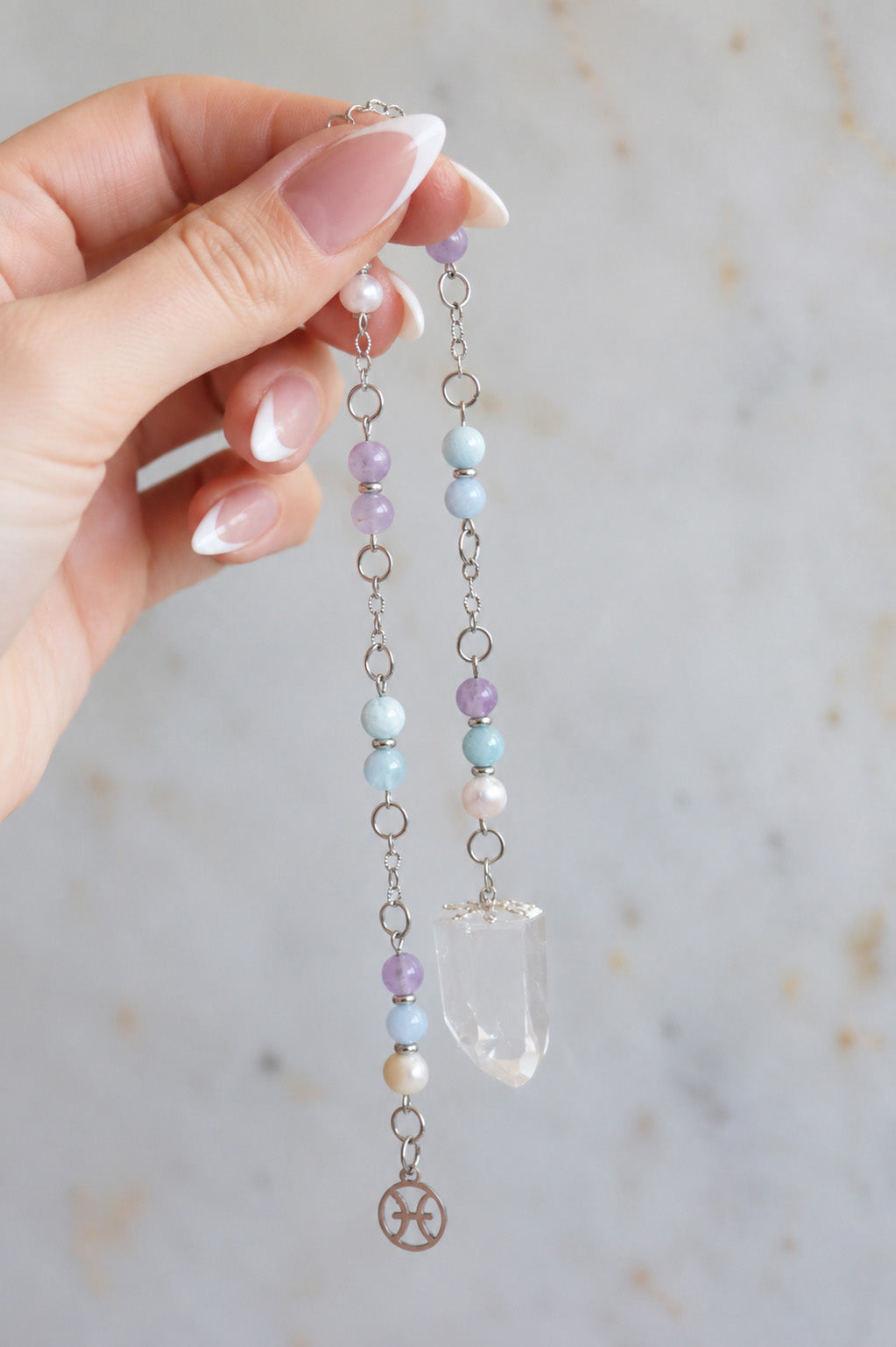 Pisces Zodiac Pendulum, Clear Quartz Crystal Pendulum, Dowsing Tool, Aquamarine Amethyst Pearl Divination Gift