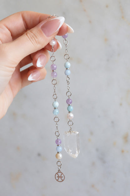 Pisces Zodiac Pendulum, Clear Quartz Crystal Pendulum, Dowsing Tool, Aquamarine Amethyst Pearl Divination Gift