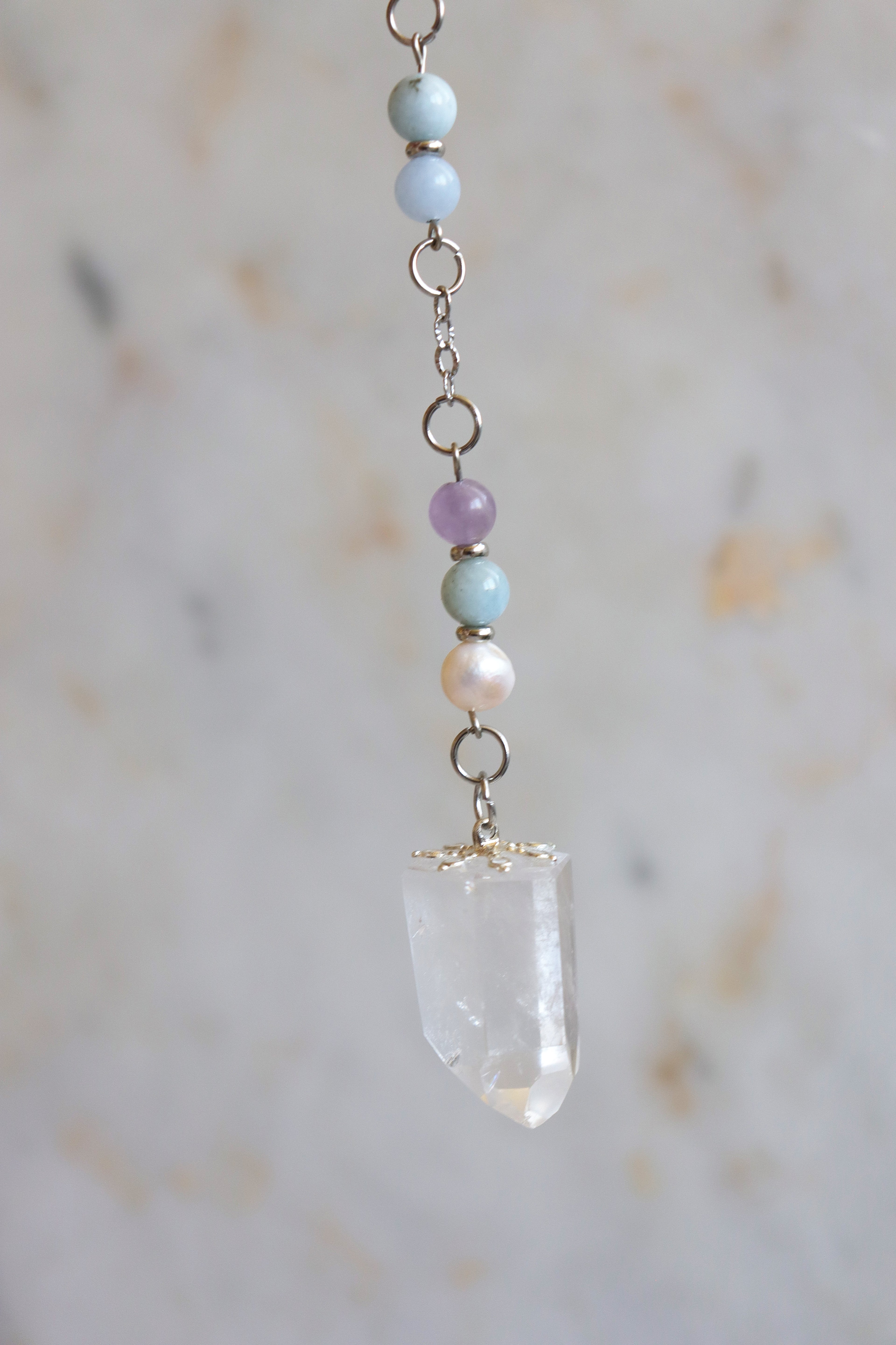 Pisces Zodiac Pendulum, Clear Quartz Crystal Pendulum, Dowsing Tool, Aquamarine Amethyst Pearl Divination Gift