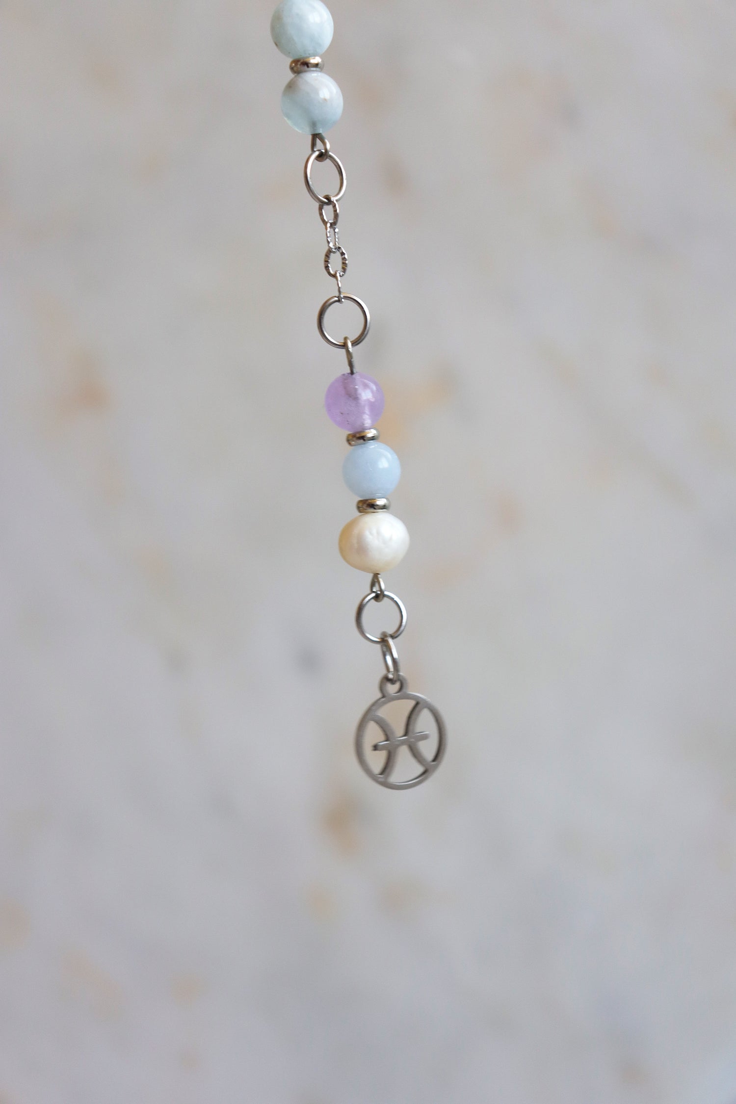 Pisces Zodiac Pendulum, Clear Quartz Crystal Pendulum, Dowsing Tool, Aquamarine Amethyst Pearl Divination Gift