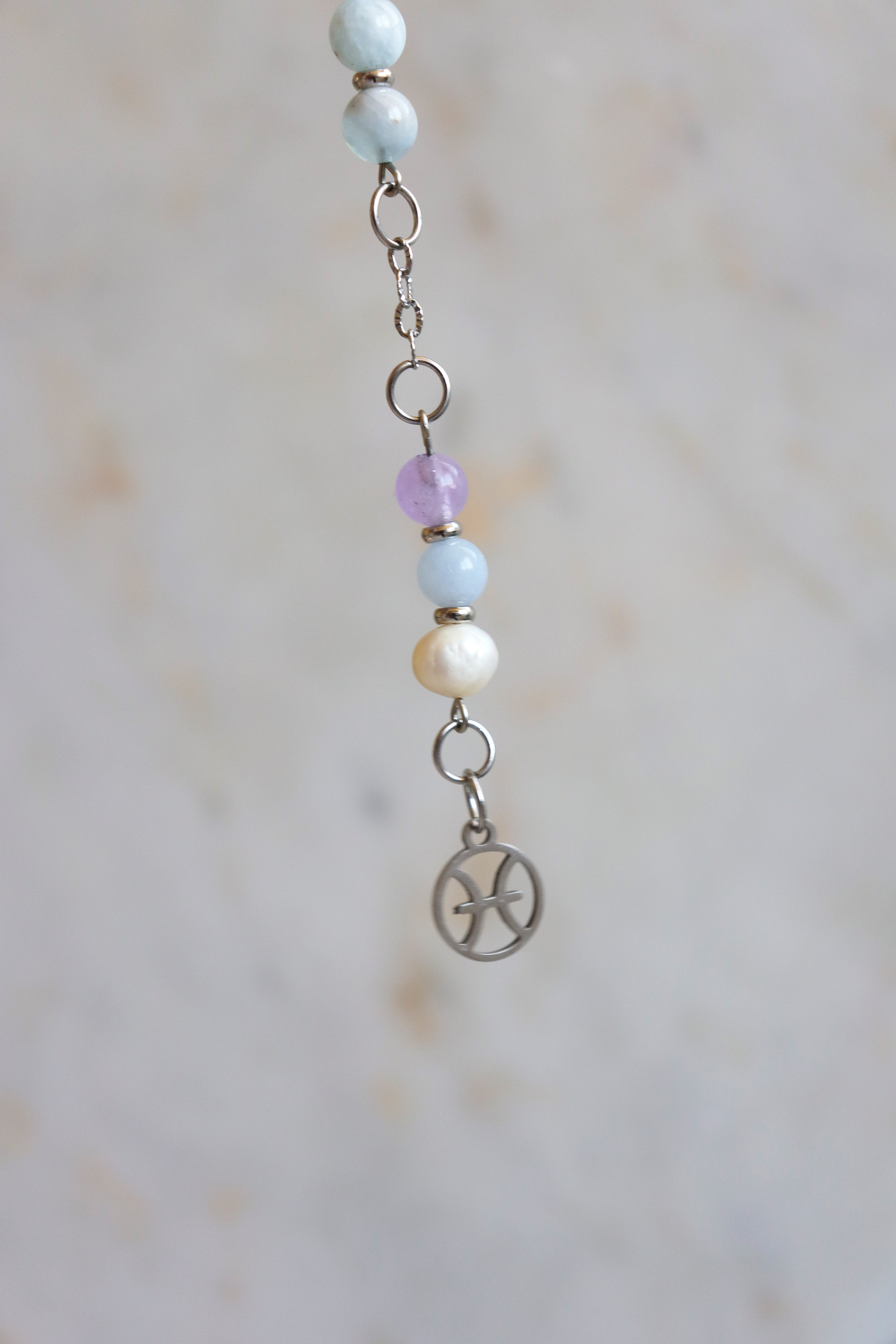 Pisces Zodiac Pendulum, Clear Quartz Crystal Pendulum, Dowsing Tool, Aquamarine Amethyst Pearl Divination Gift
