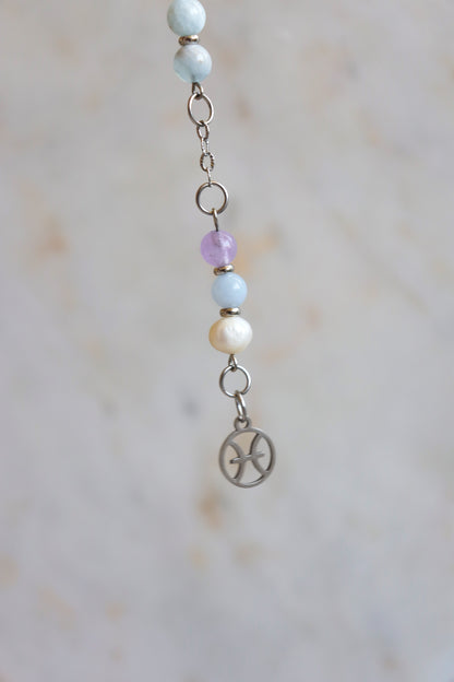 Pisces Zodiac Pendulum, Clear Quartz Crystal Pendulum, Dowsing Tool, Aquamarine Amethyst Pearl Divination Gift