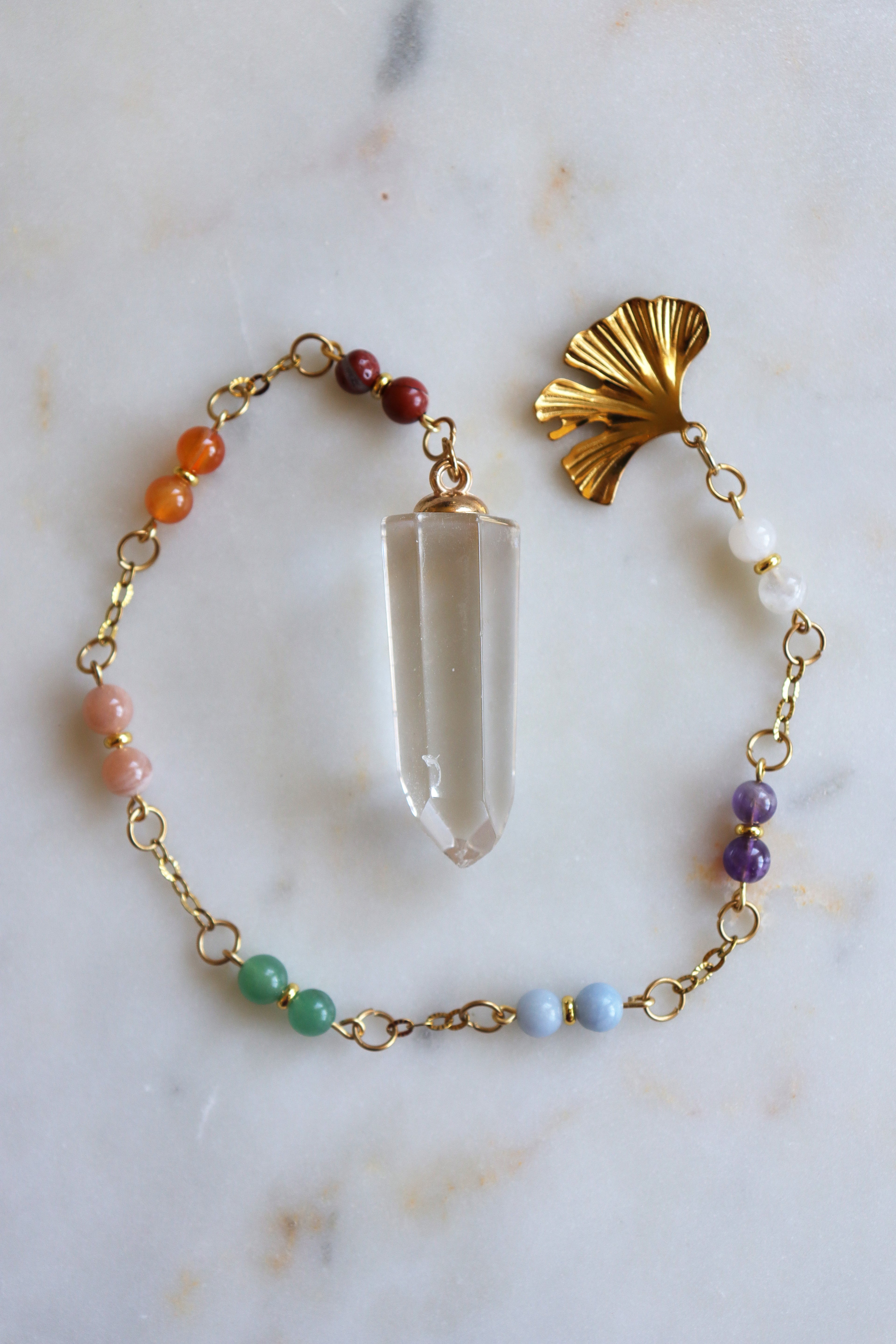 7 Chakra Crystal Pendulum – Clear Quartz Point, Ginkgo Charm, Spiritual Divination Tool