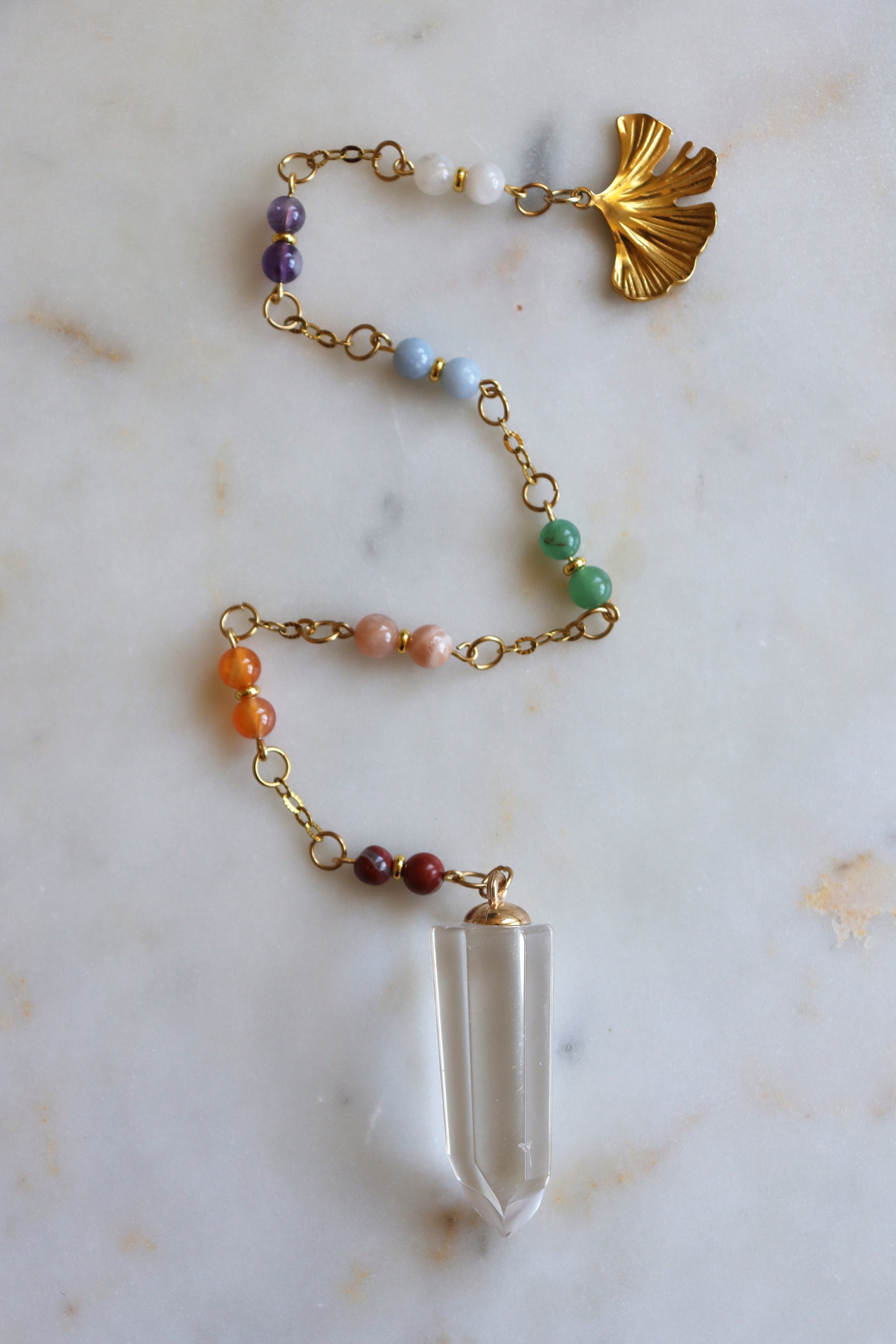 7 Chakra Crystal Pendulum – Clear Quartz Point, Ginkgo Charm, Spiritual Divination Tool