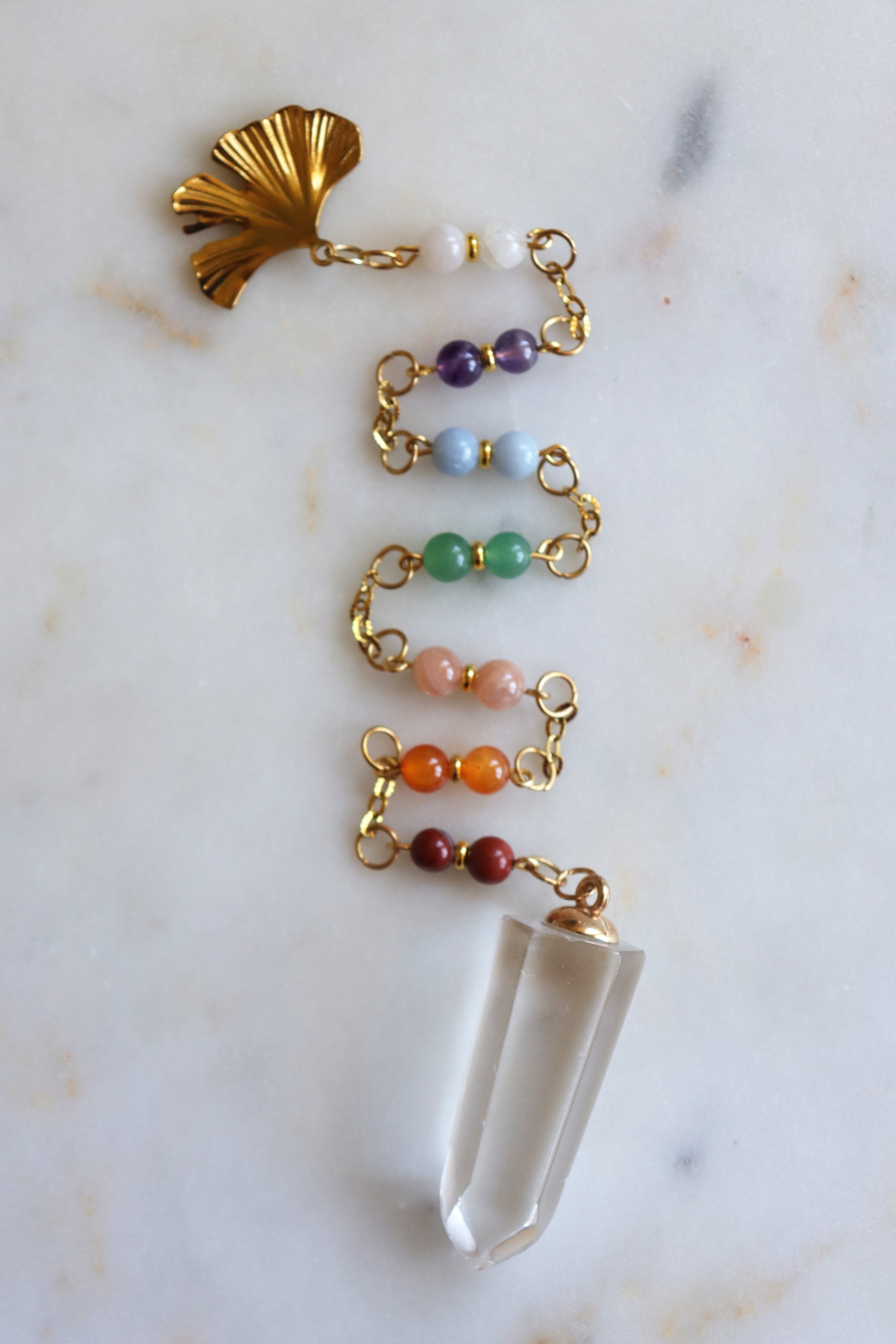 7 Chakra Crystal Pendulum – Clear Quartz Point, Ginkgo Charm, Spiritual Divination Tool