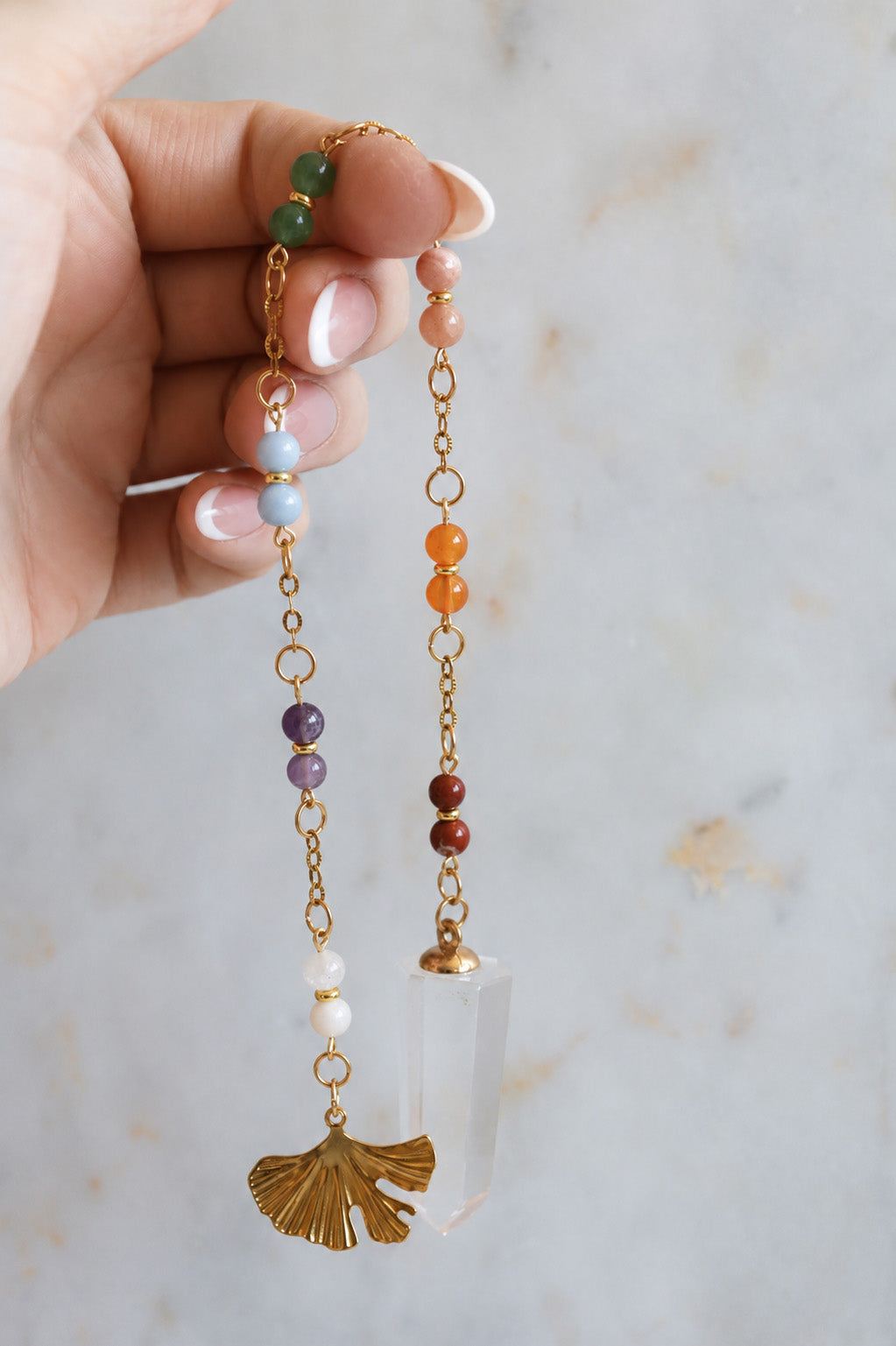 7 Chakra Crystal Pendulum – Clear Quartz Point, Ginkgo Charm, Spiritual Divination Tool