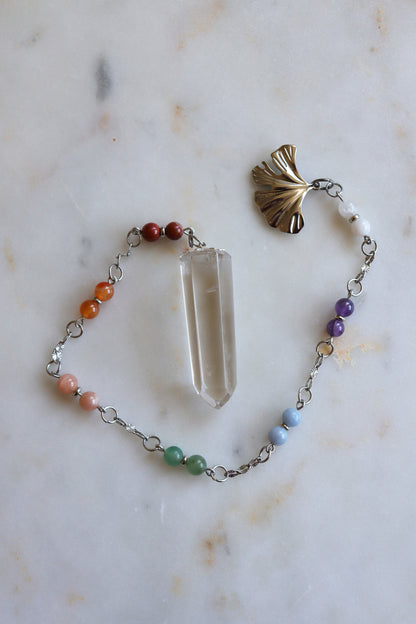 7 Chakra Crystal Pendulum – Clear Quartz Point, Ginkgo Charm, Spiritual Divination Tool