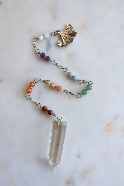 7 Chakra Crystal Pendulum – Clear Quartz Point, Ginkgo Charm, Spiritual Divination Tool