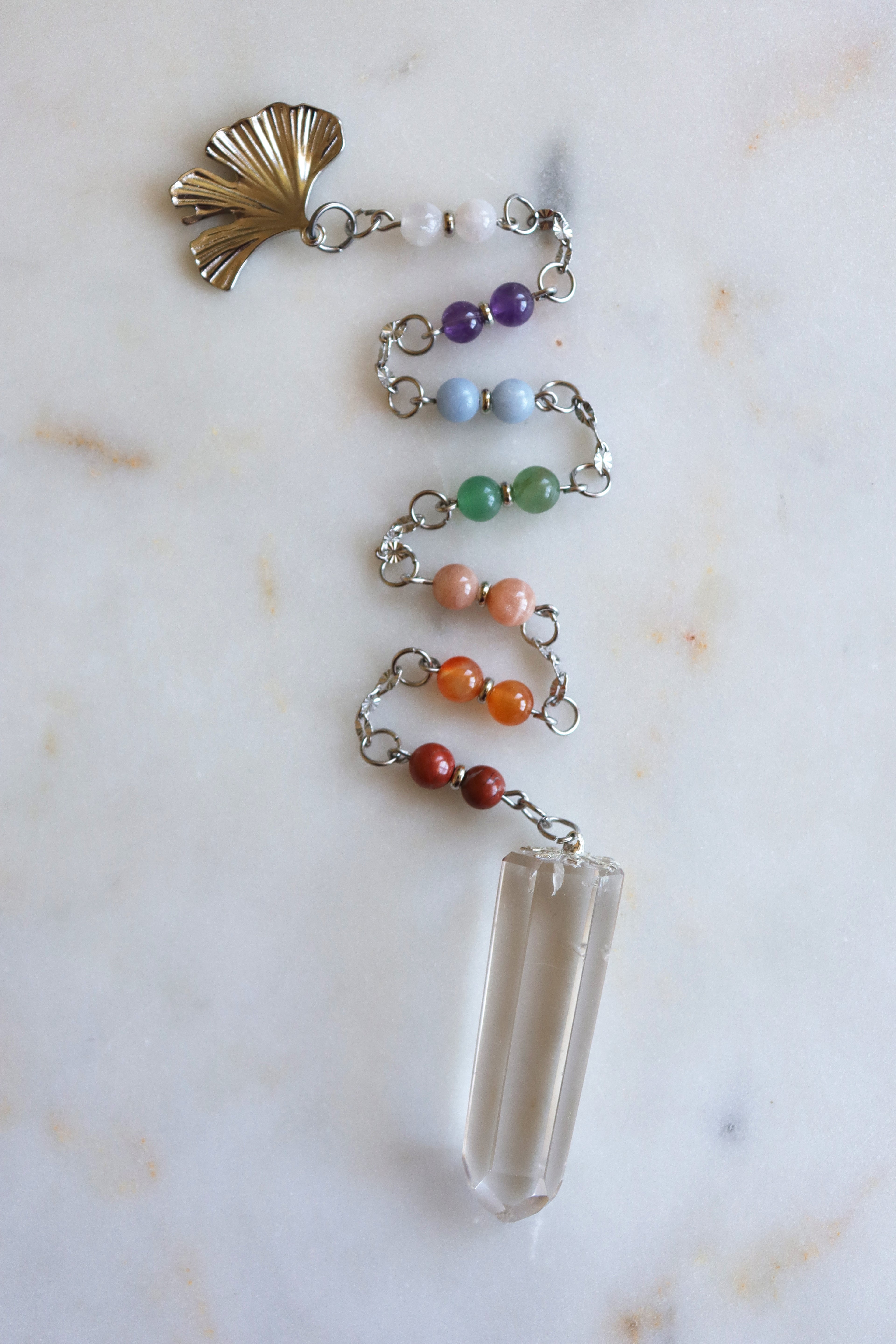 7 Chakra Crystal Pendulum – Clear Quartz Point, Ginkgo Charm, Spiritual Divination Tool