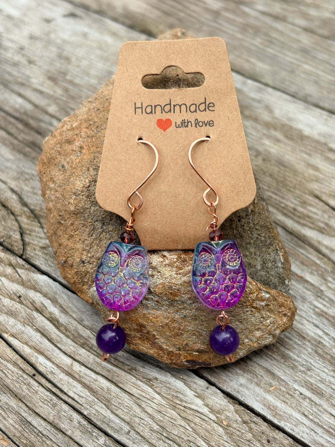 Copper wire owl earrings with amethyst stones