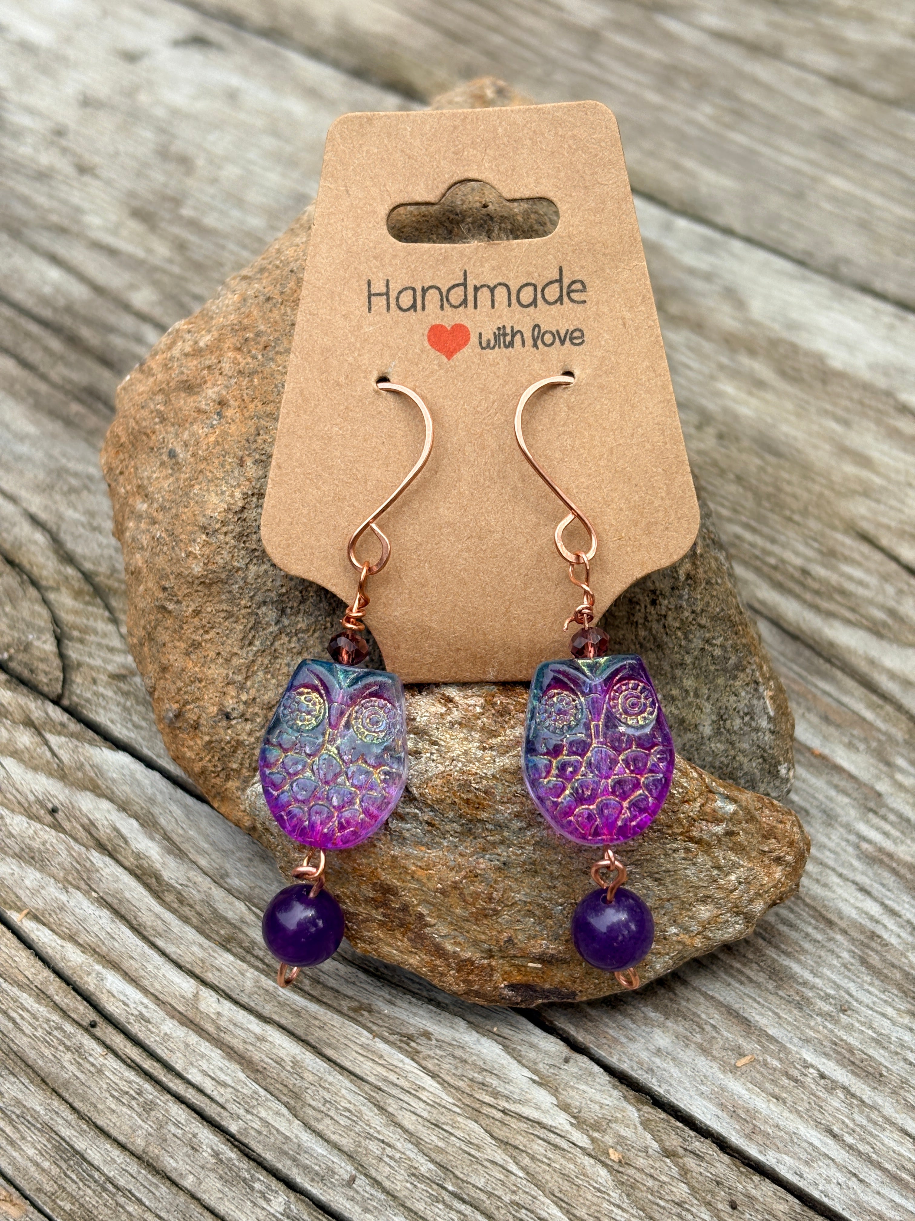 Copper wire owl earrings with amethyst stones