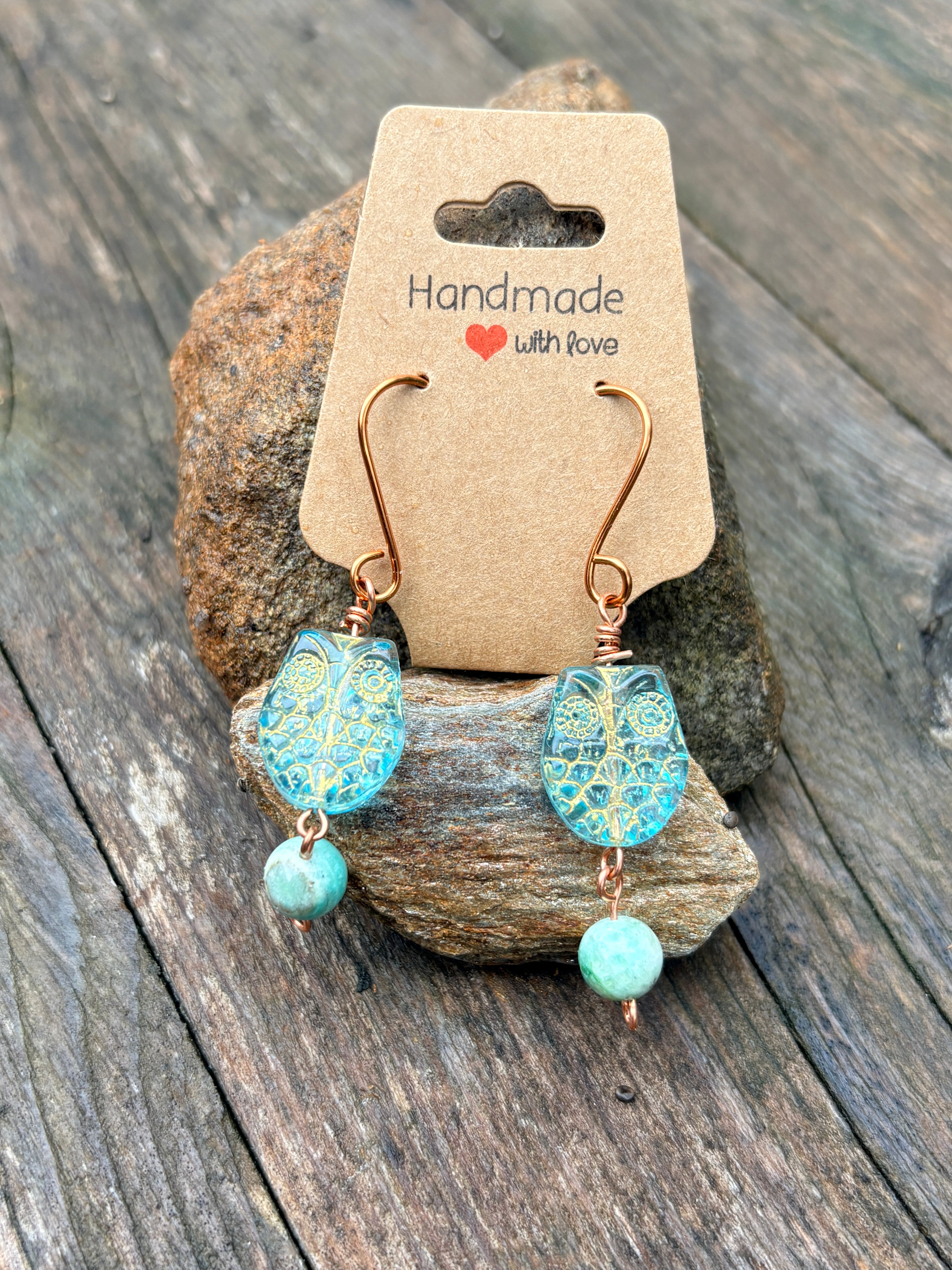 Copper wire earrings with czech owl bead and green angelite beads