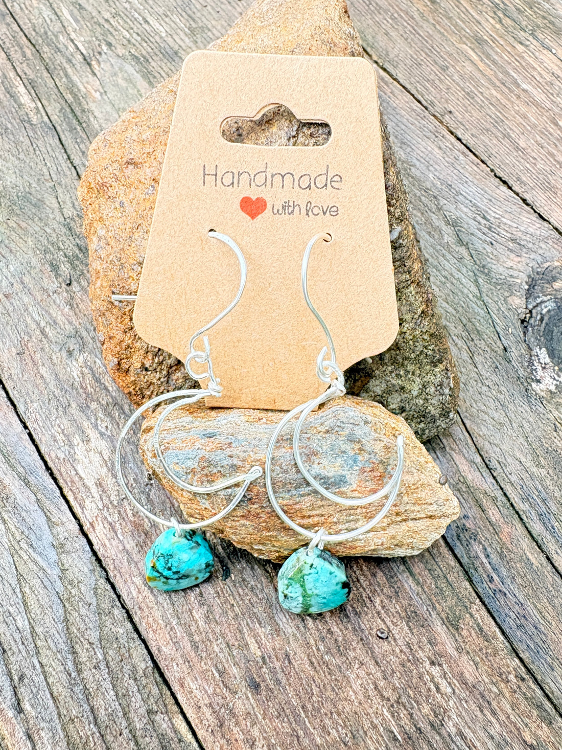 silver plated moon earrings with African faceted turquoise teardrop shaped beads