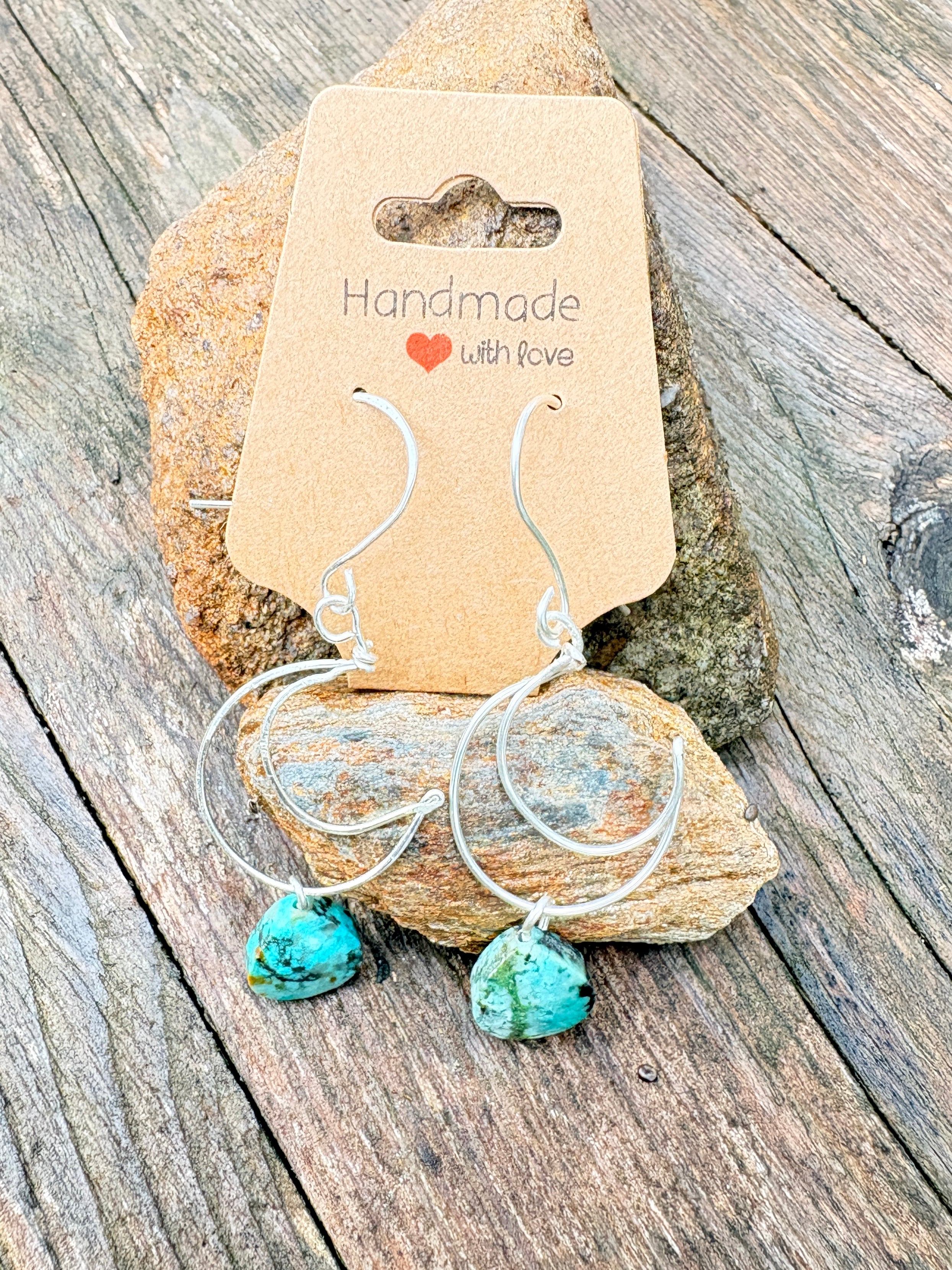 silver plated moon earrings with African faceted turquoise teardrop shaped beads