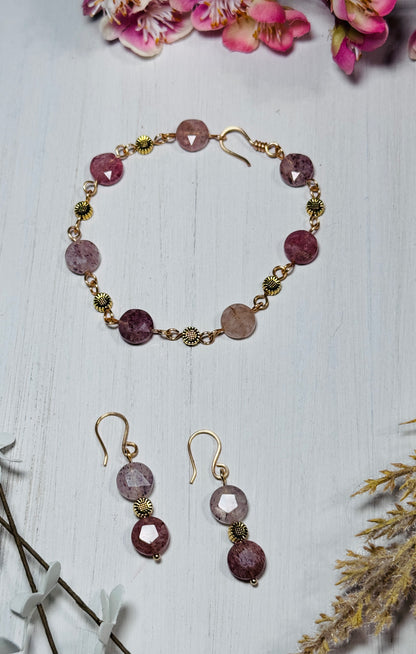 Strawberry Quartz Earring and Bracelet Set. Gold gemstone jewelry