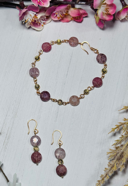 Strawberry Quartz Earring and Bracelet Set. Gold gemstone jewelry