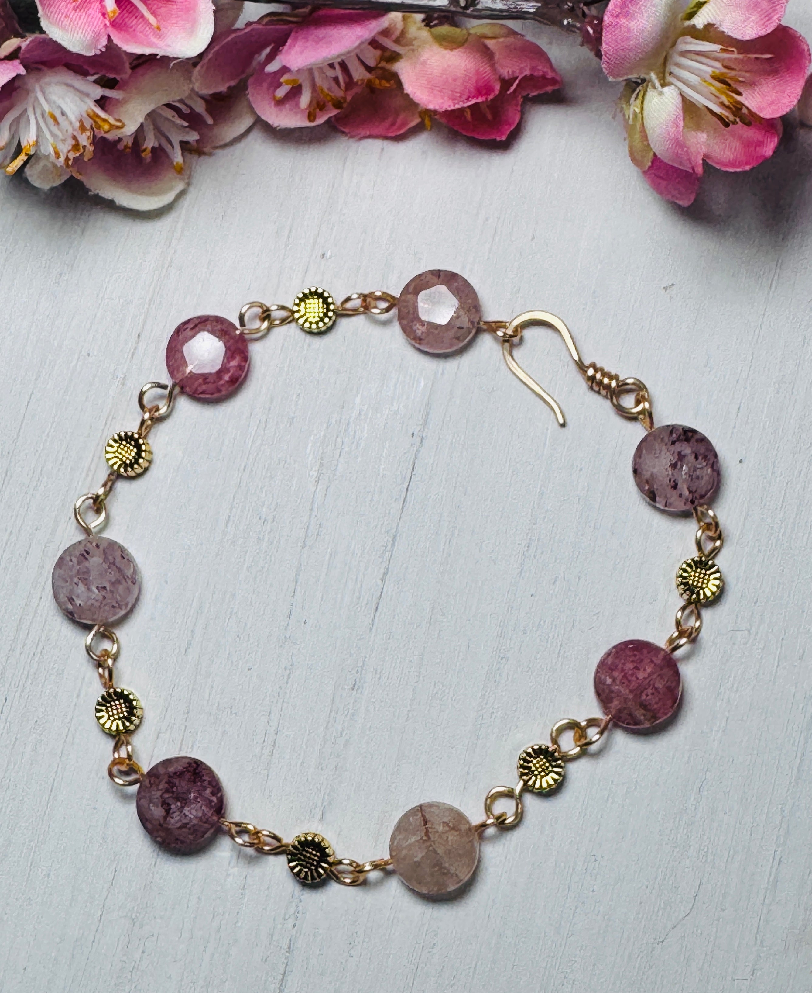 Strawberry Quartz Earring and Bracelet Set. Gold gemstone jewelry