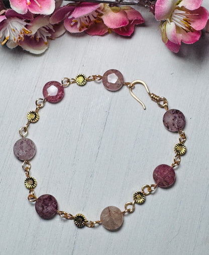 Strawberry Quartz Earring and Bracelet Set. Gold gemstone jewelry