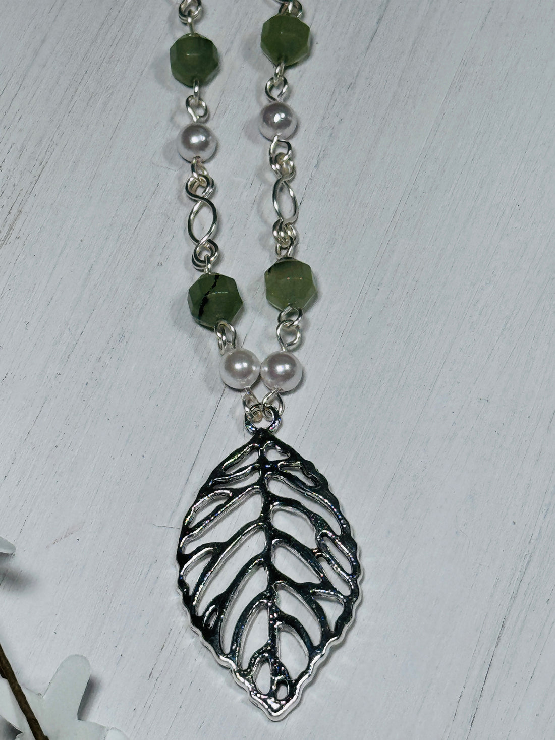 Prehnite and Pearl Silver Leaf Statement Necklace