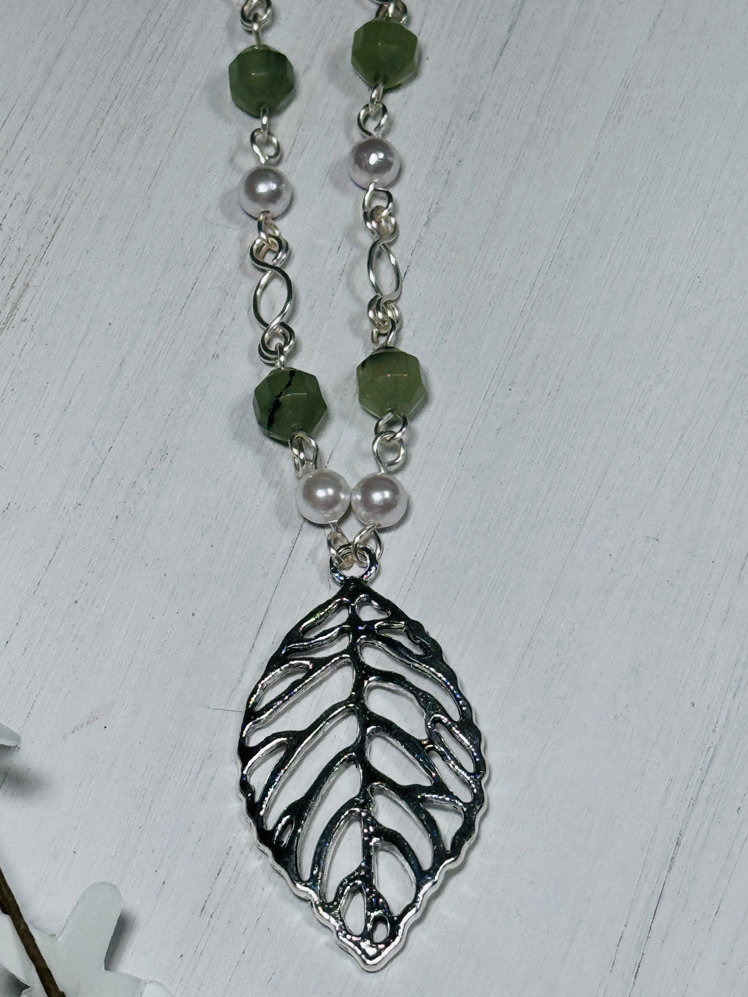 Prehnite and Pearl Silver Leaf Statement Necklace