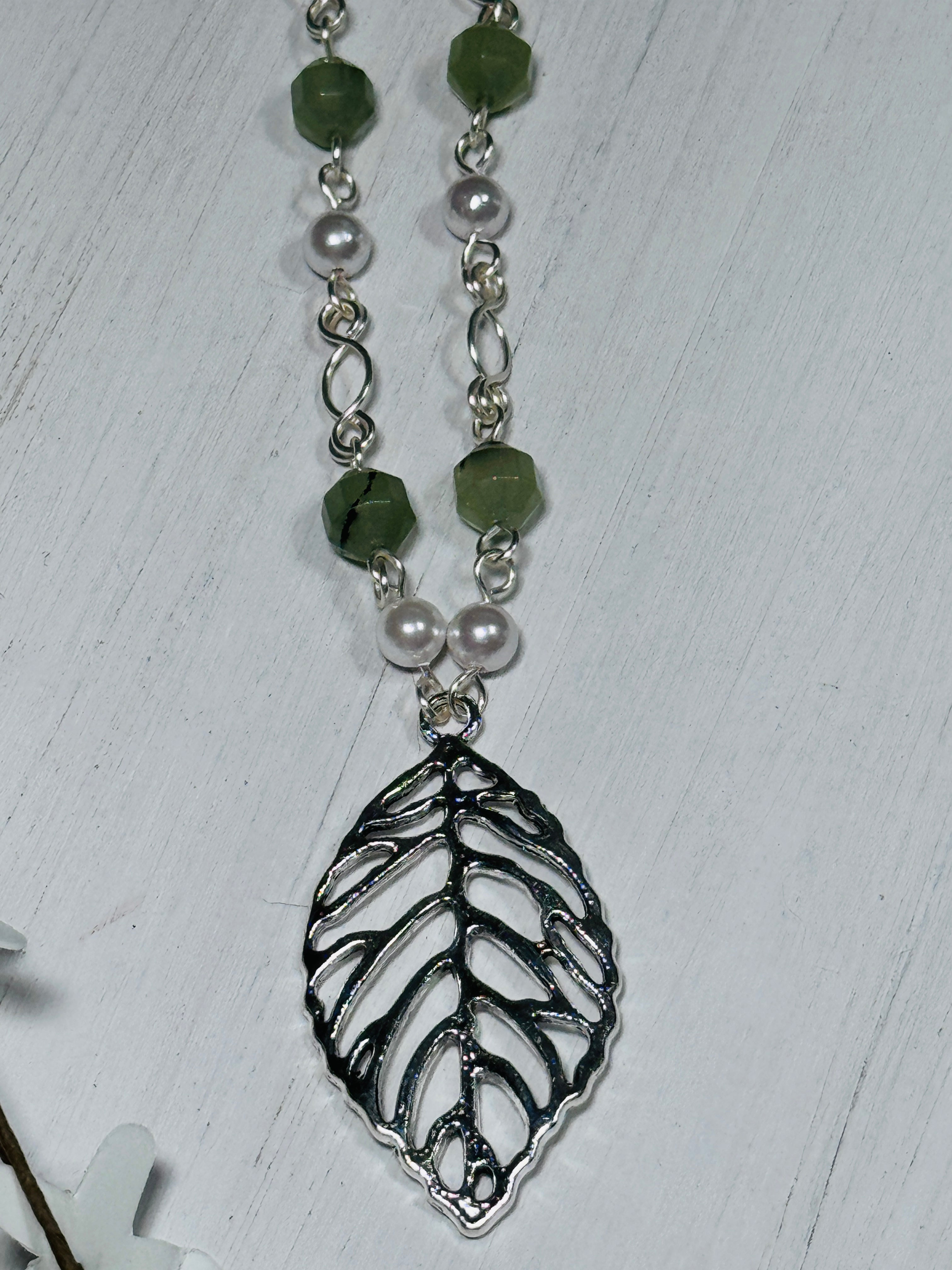 Prehnite and Pearl Silver Leaf Statement Necklace