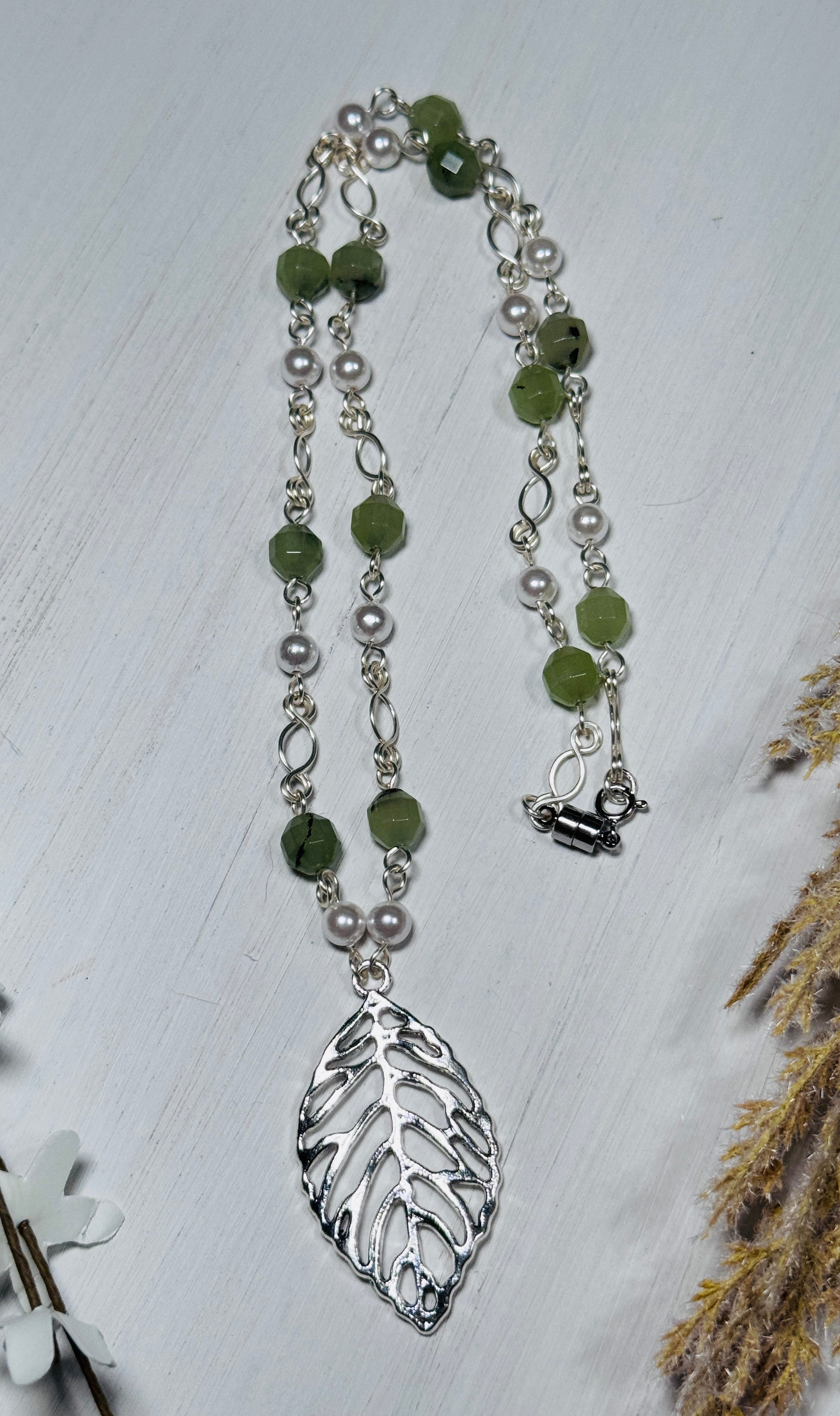 Prehnite and Pearl Silver Leaf Statement Necklace