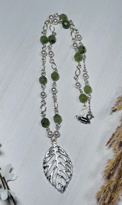 Prehnite and Pearl Silver Leaf Statement Necklace