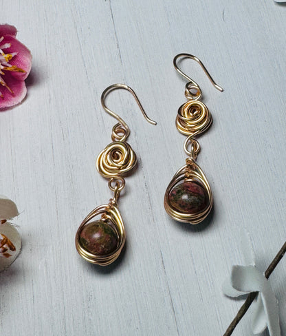 Gold Rose Unakite Earrings