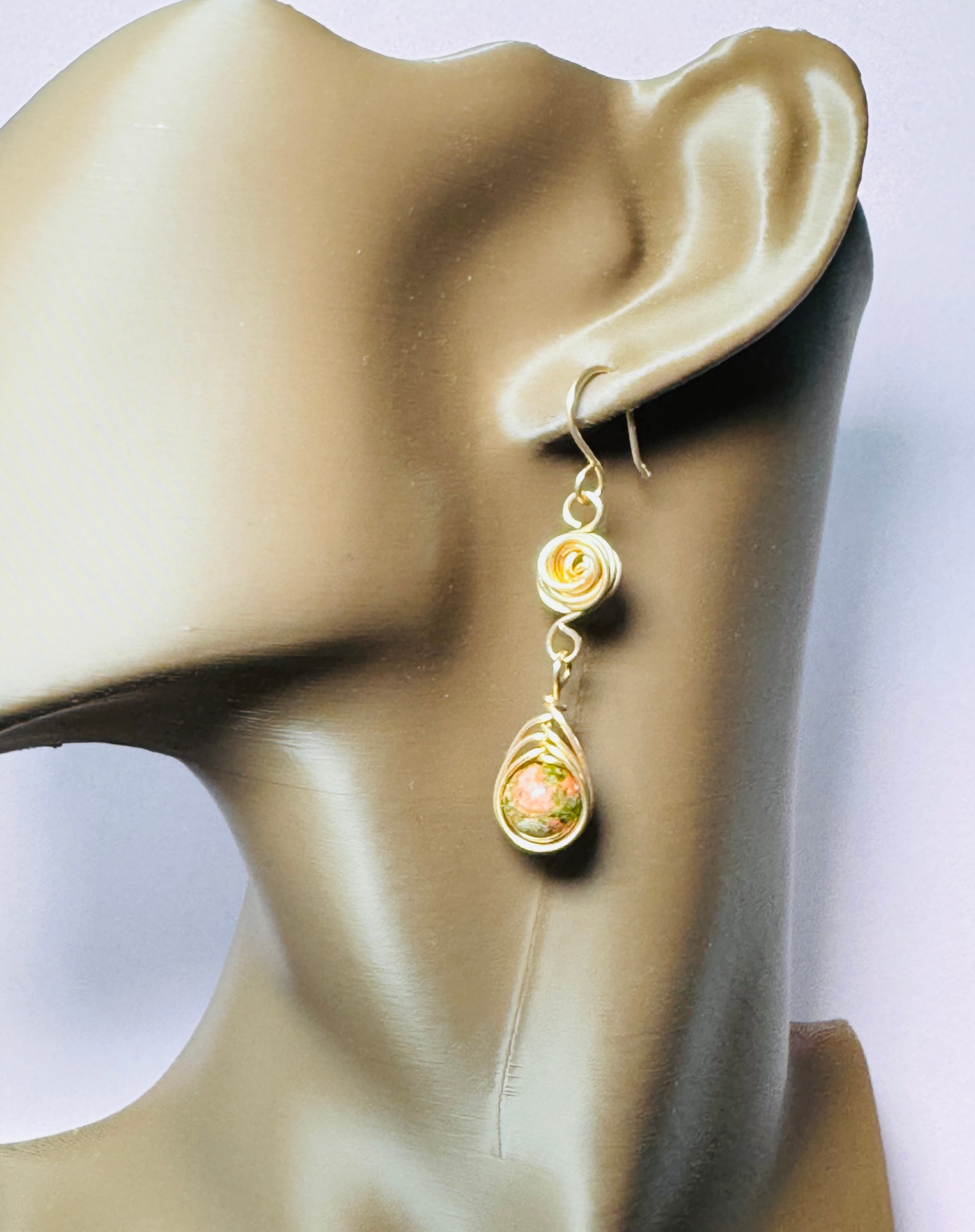 Gold Rose Unakite Earrings