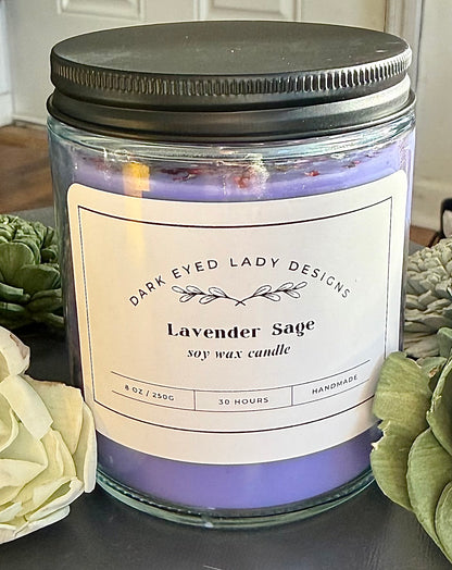 Calming Ritual Soy Candle with Lavender Sage Fragrance, Dried Herbs, and Amethyst Crystals