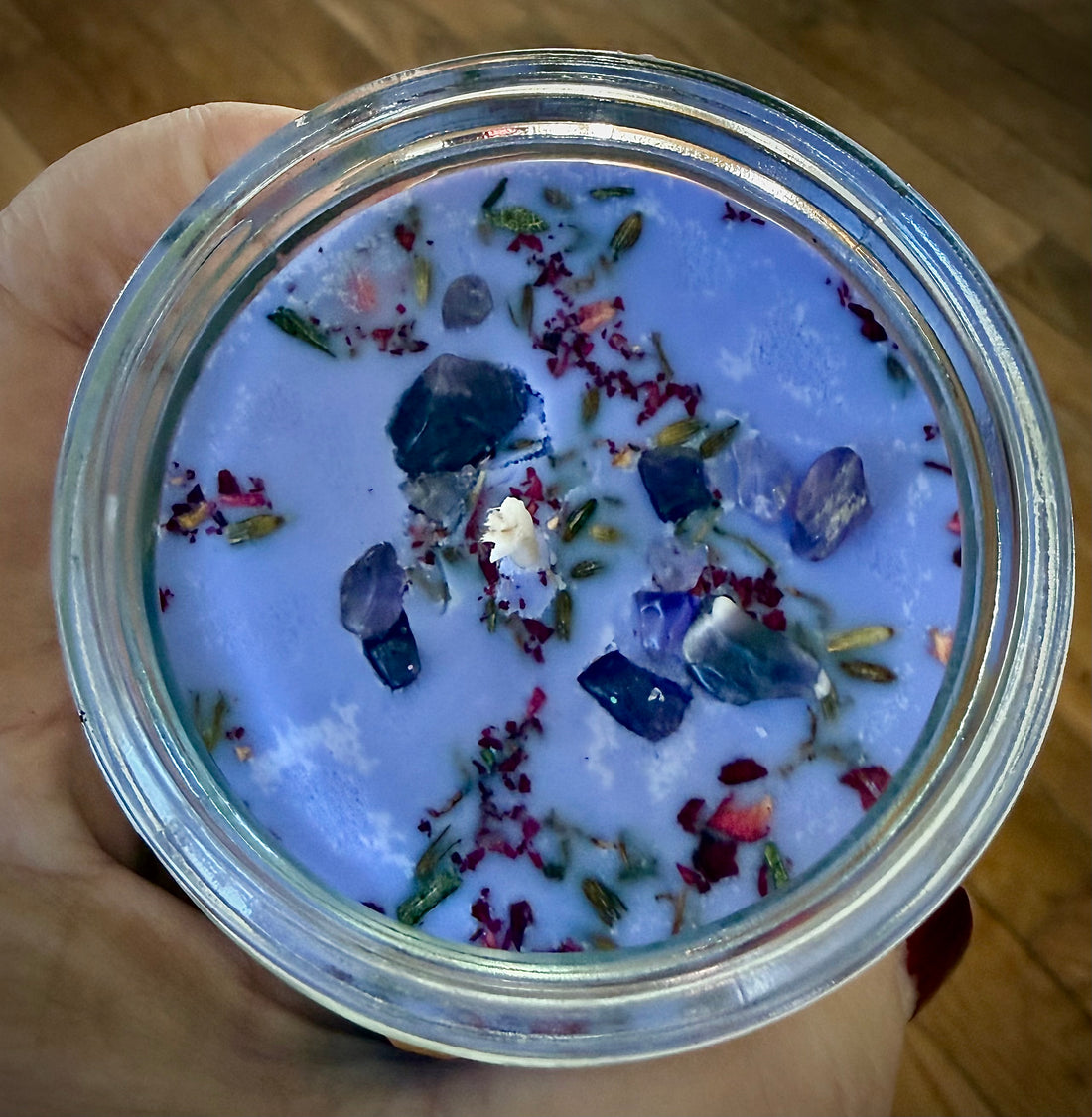 Calming Ritual Soy Candle with Lavender Sage Fragrance, Dried Herbs, and Amethyst Crystals