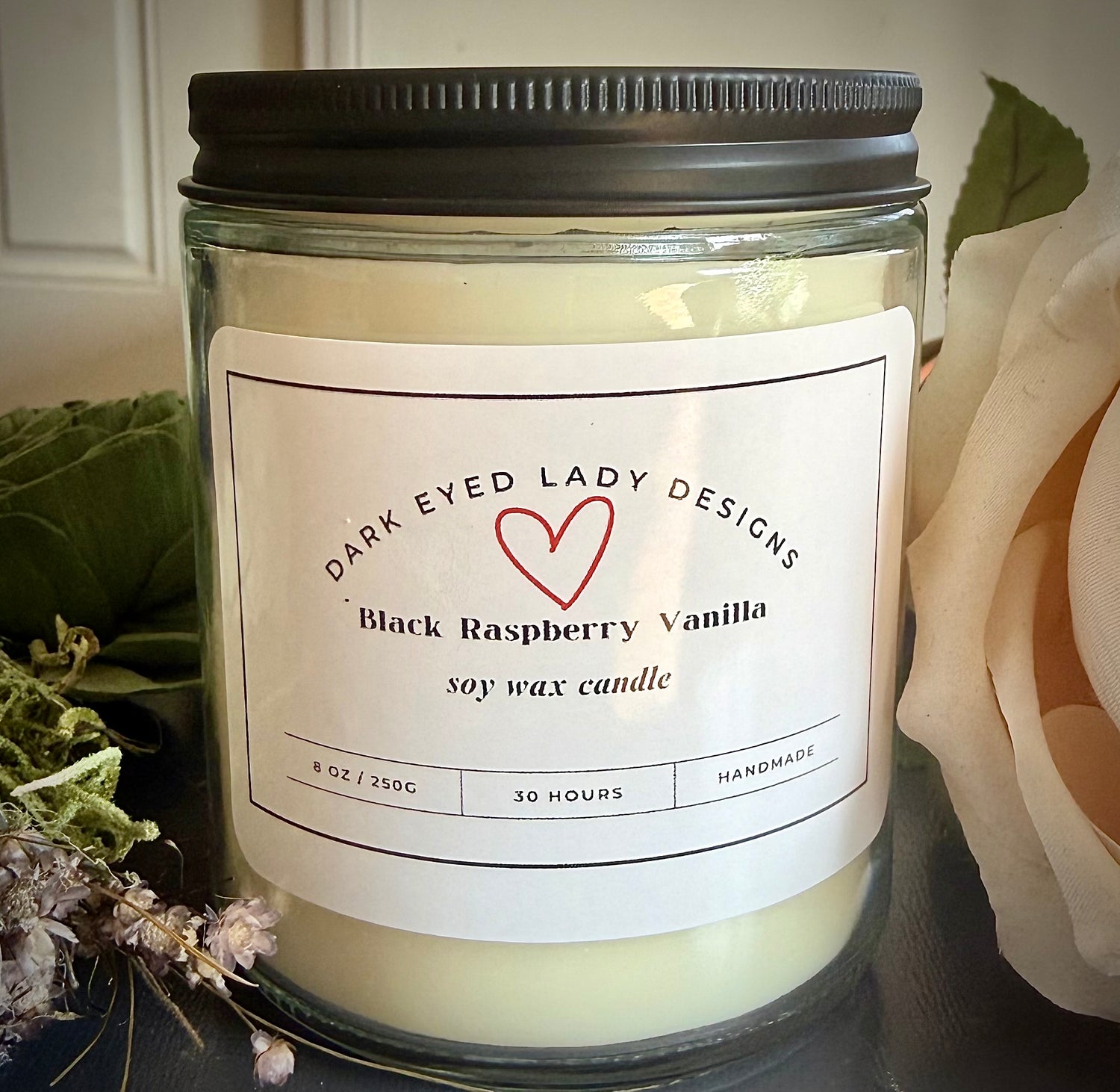 Love Ritual Soy Candle with Black Raspberry Vanilla Fragrance and Dried Florals.
