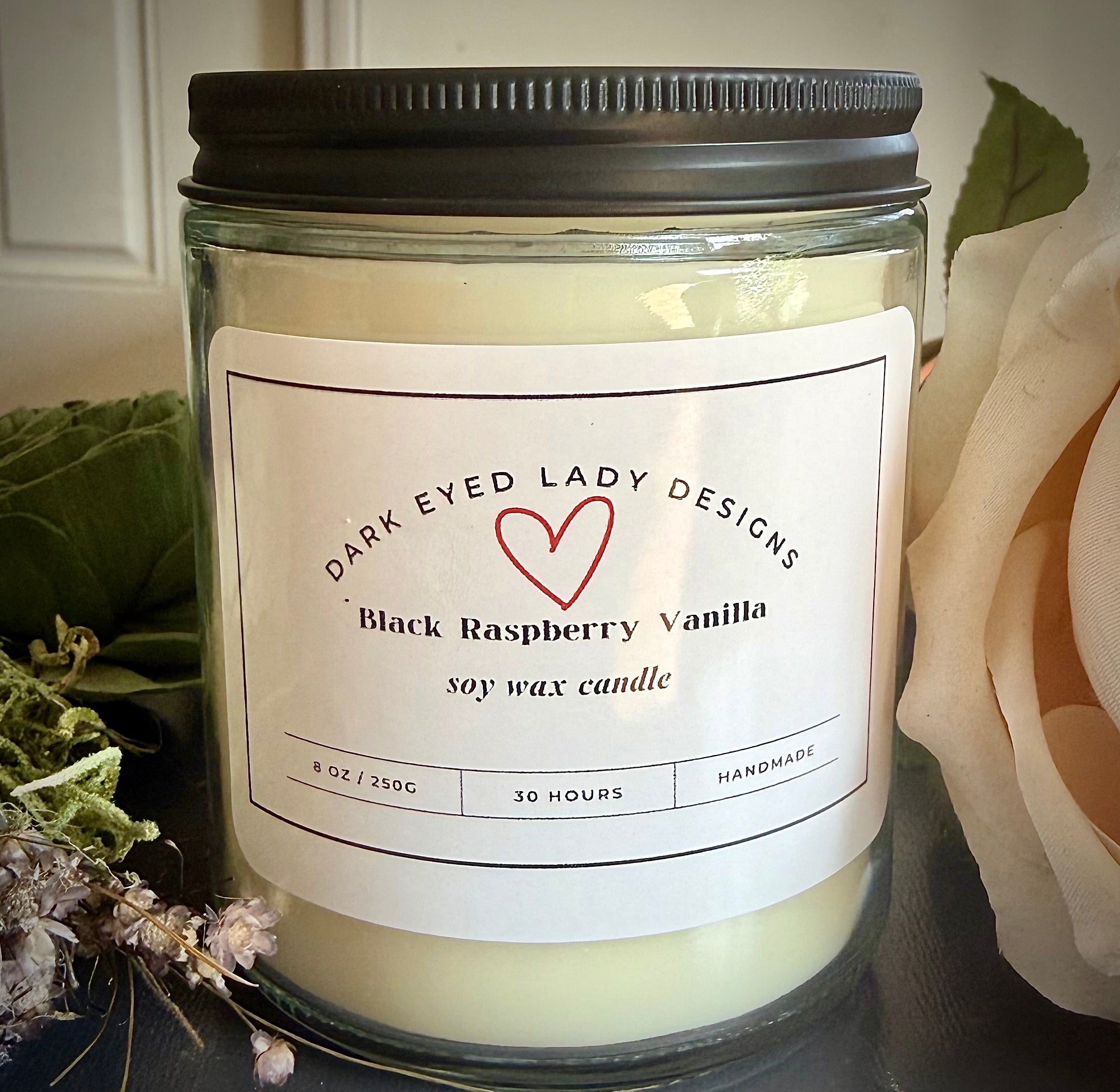 Love Ritual Soy Candle with Black Raspberry Vanilla Fragrance and Dried Florals.