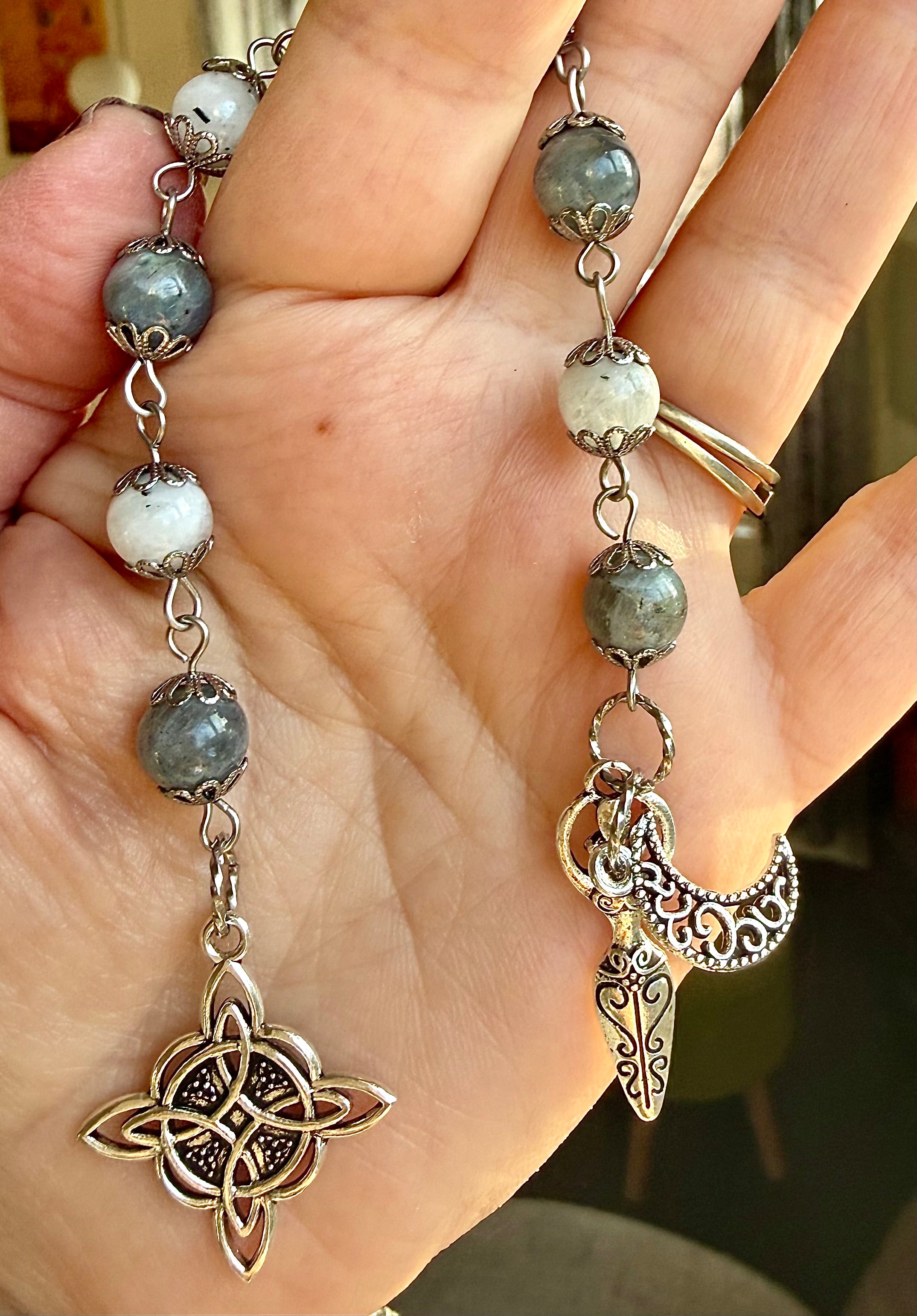 Witches Knot Pagan Devotional Prayer Beads with Labradorite and Moonstone.