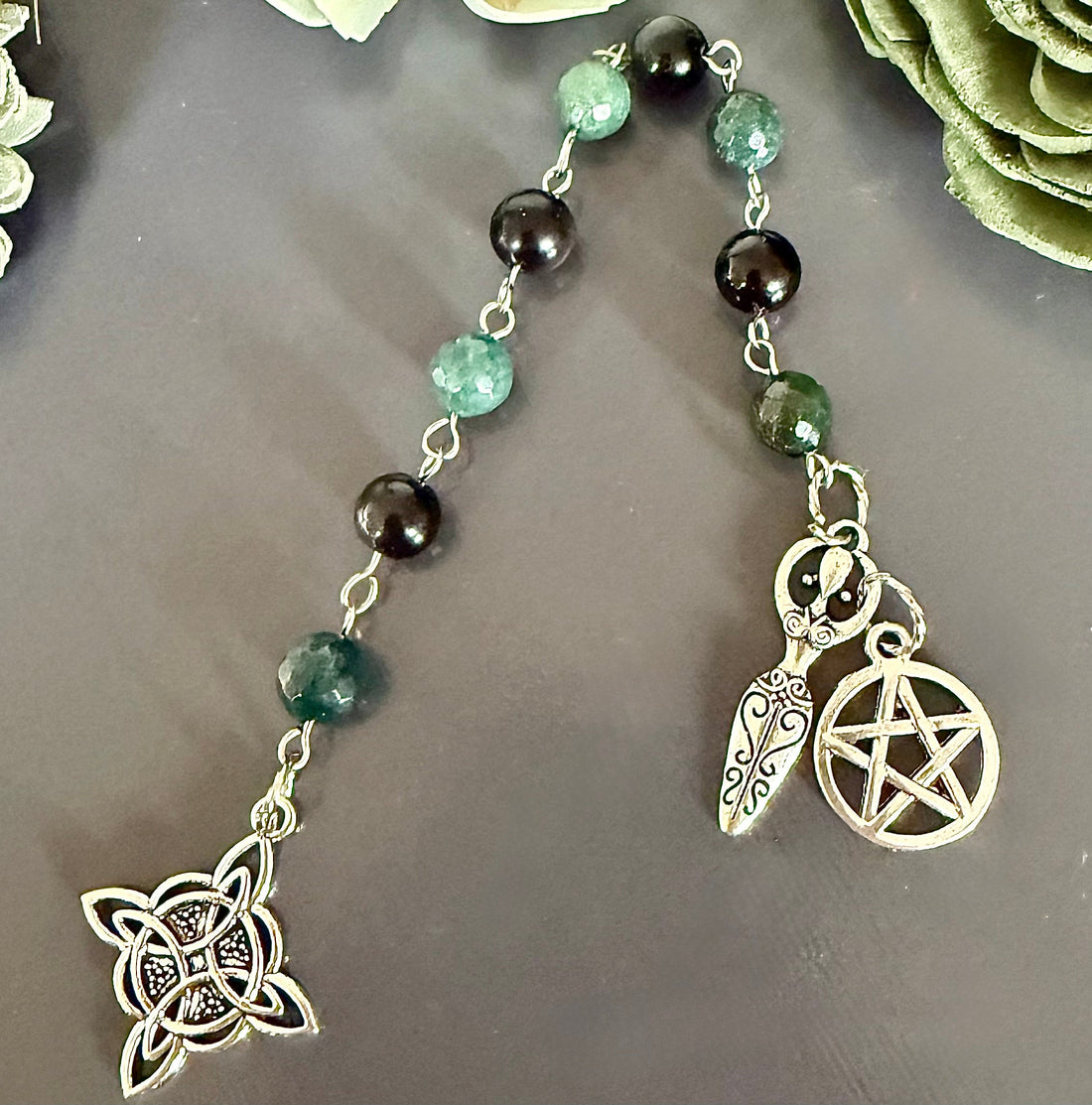 Witches Knot Pagan Prayer Beads with Moss Agate, Obsidian, Goddess, and Pentacle Charms