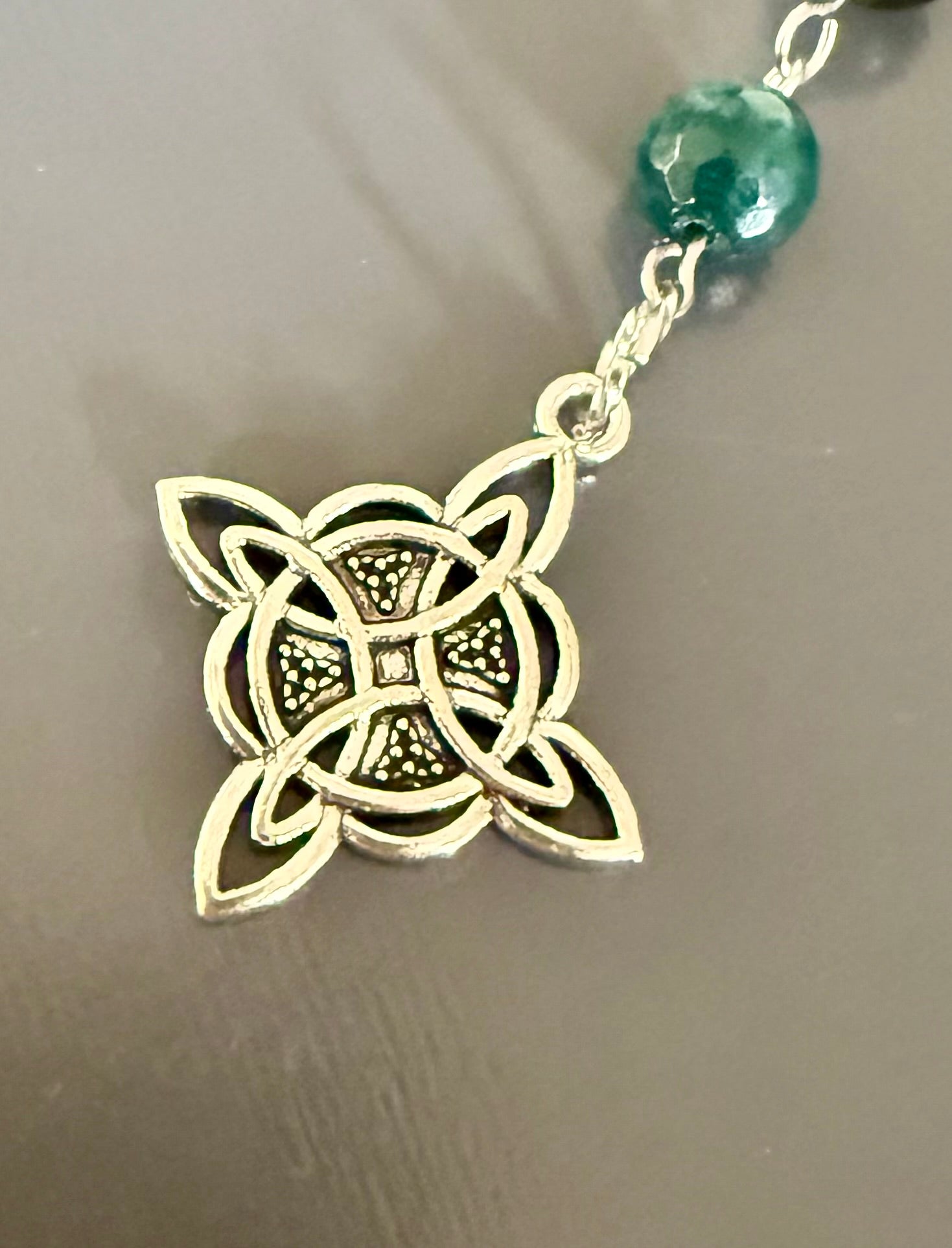 Witches Knot Pagan Prayer Beads with Moss Agate, Obsidian, Goddess, and Pentacle Charms