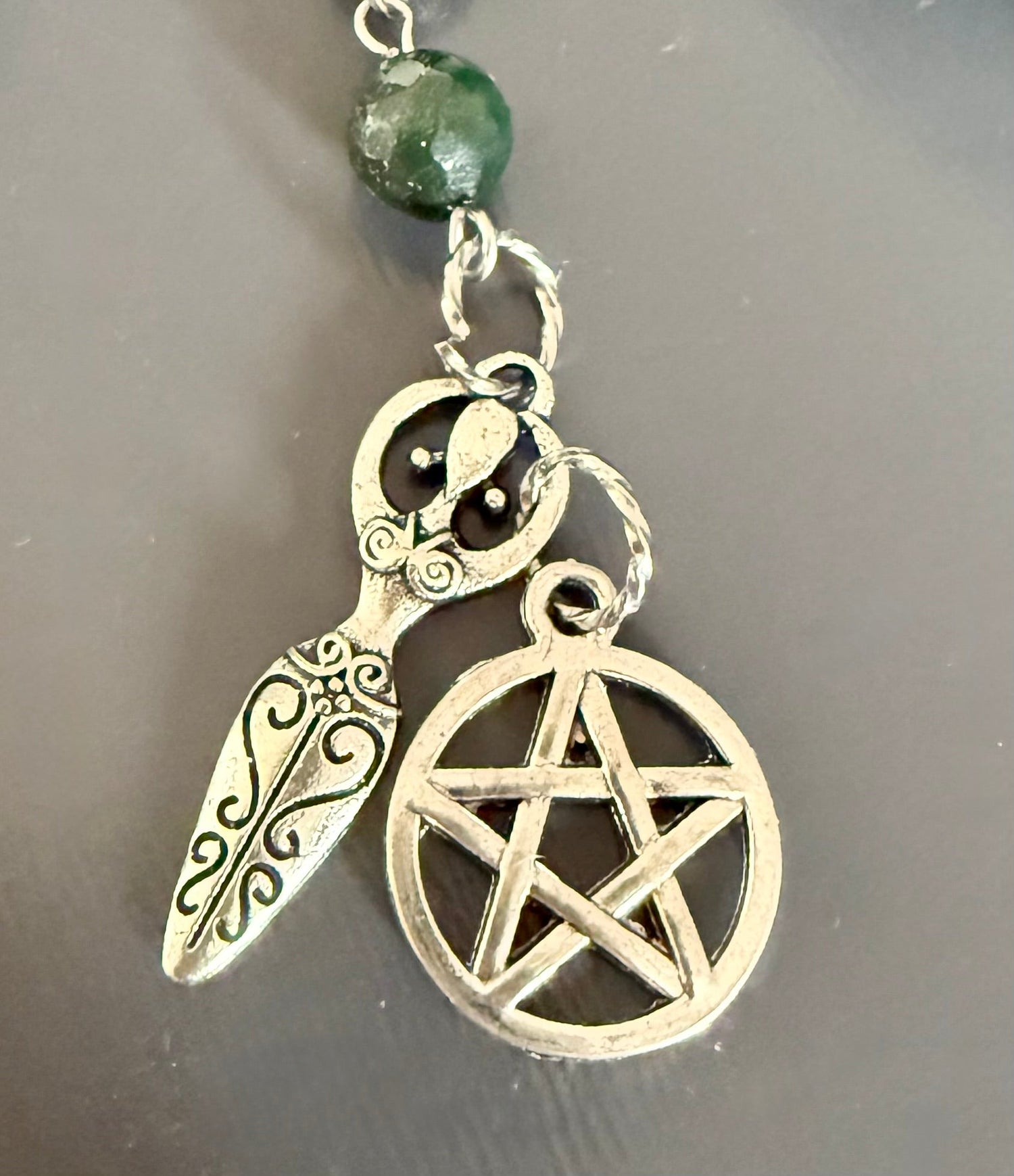 Witches Knot Pagan Prayer Beads with Moss Agate, Obsidian, Goddess, and Pentacle Charms