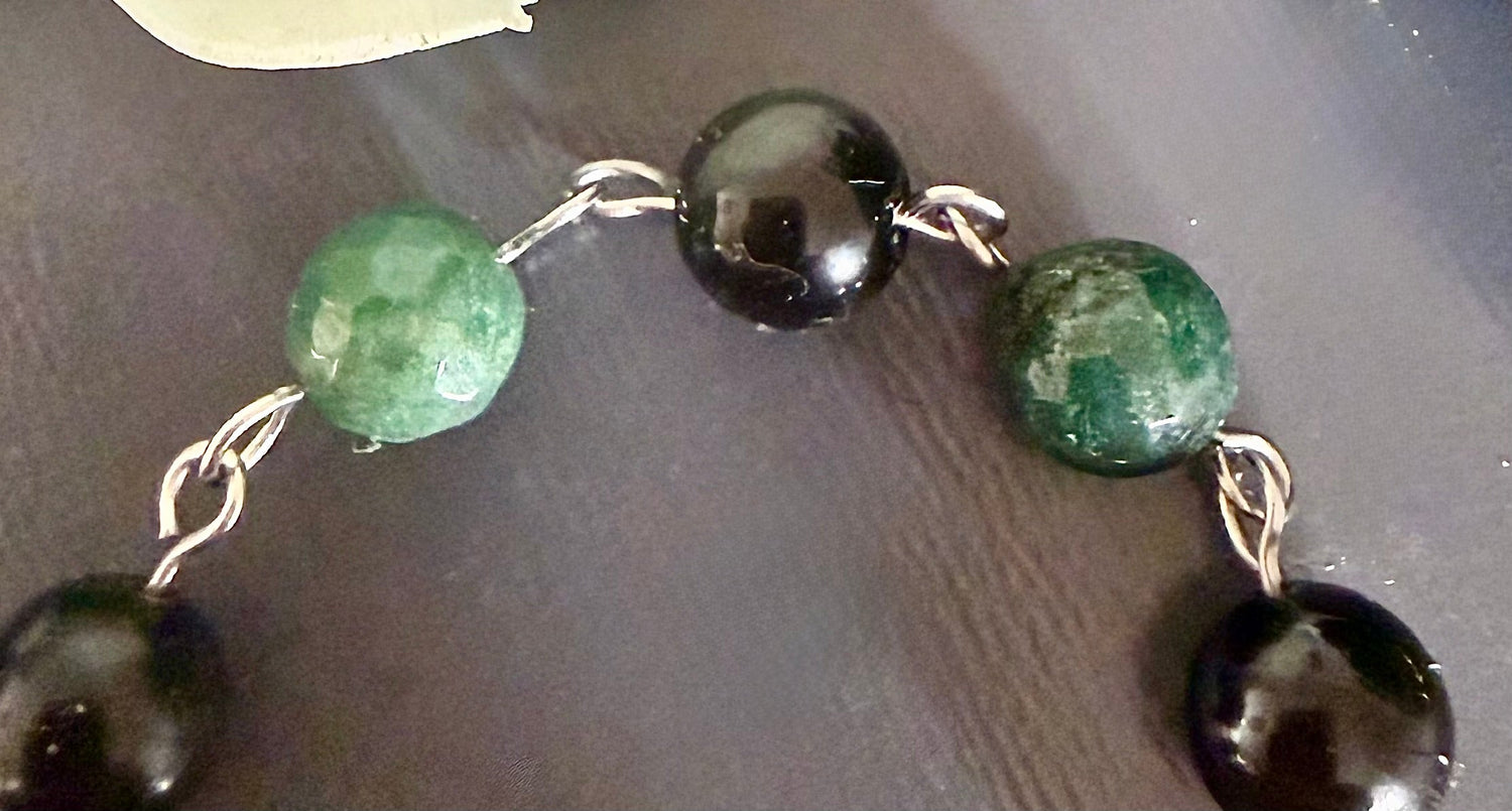 Witches Knot Pagan Prayer Beads with Moss Agate, Obsidian, Goddess, and Pentacle Charms