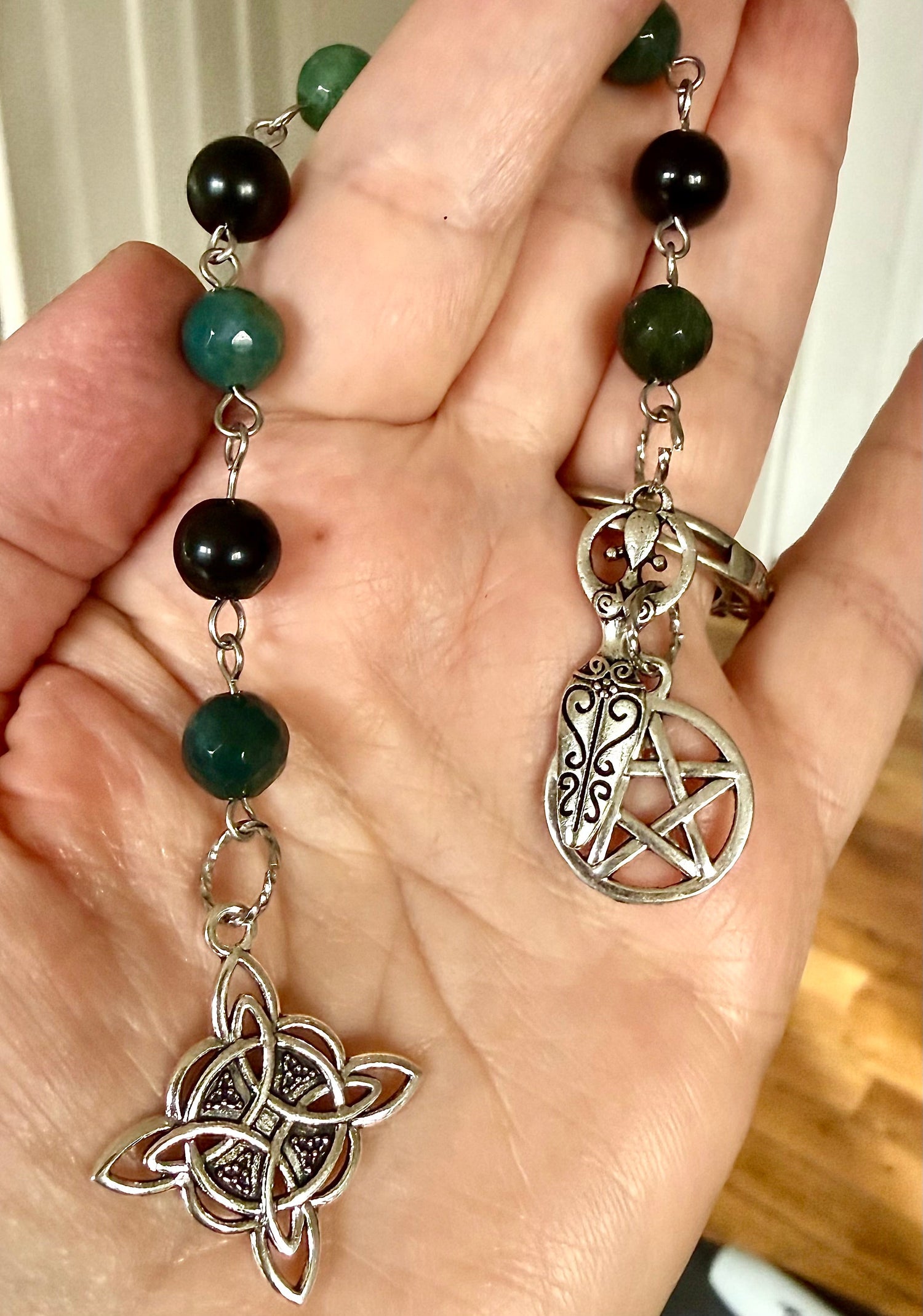 Witches Knot Pagan Prayer Beads with Moss Agate, Obsidian, Goddess, and Pentacle Charms