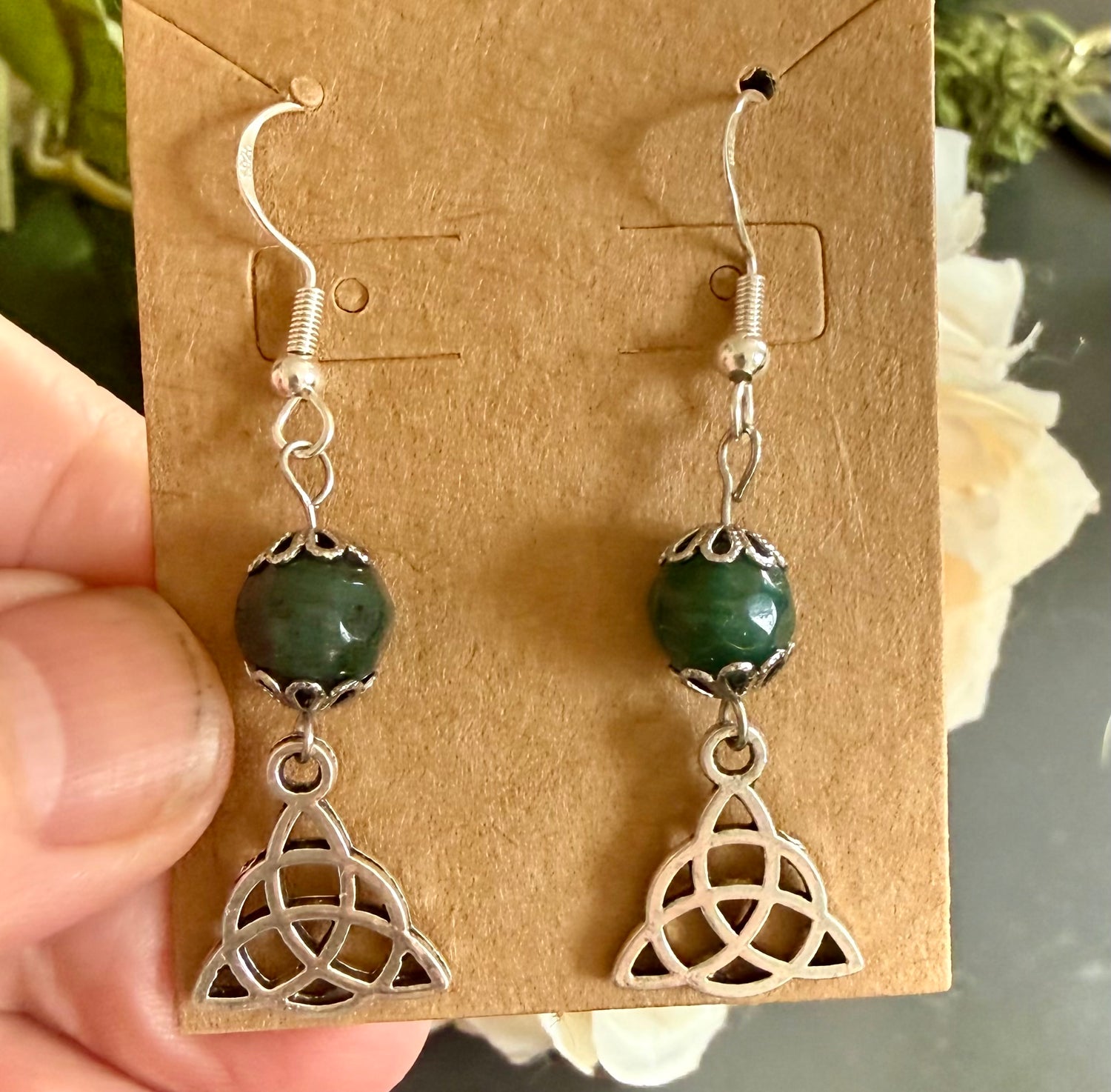 Celtic Triquetra Charm Earrings with Moss Agate Gemstones