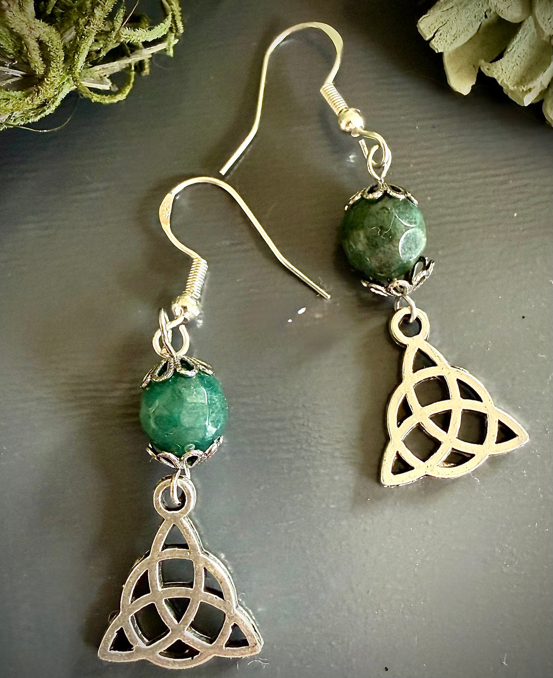 Celtic Triquetra Charm Earrings with Moss Agate Gemstones
