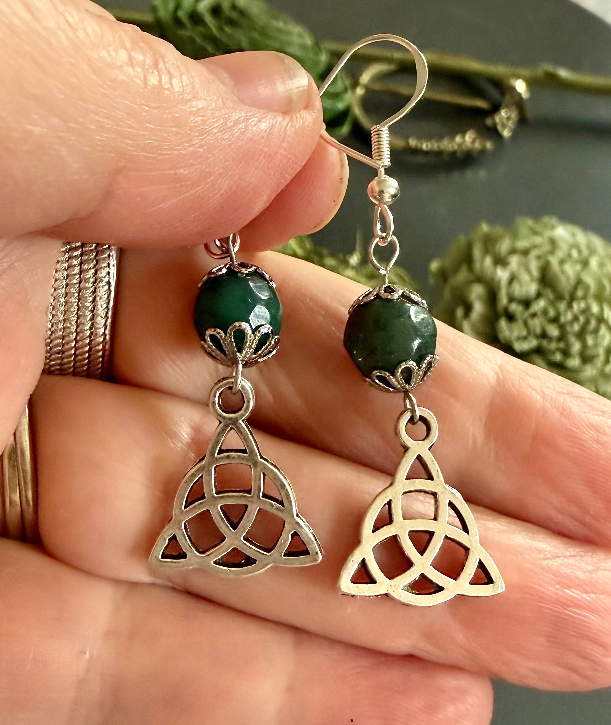 Celtic Triquetra Charm Earrings with Moss Agate Gemstones