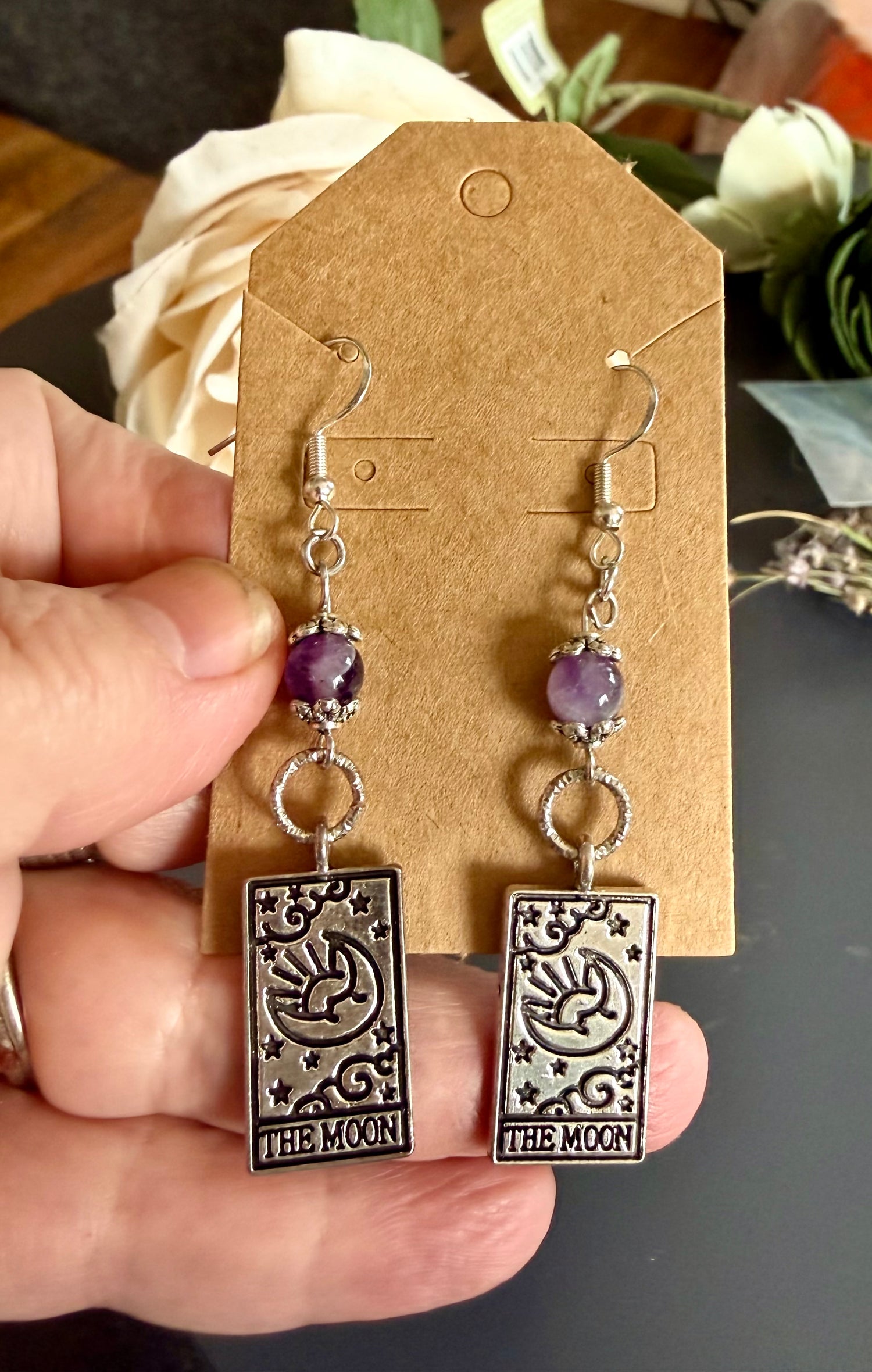 The Moon Tarot Card Charm Earrings with Amethyst Gemstones.