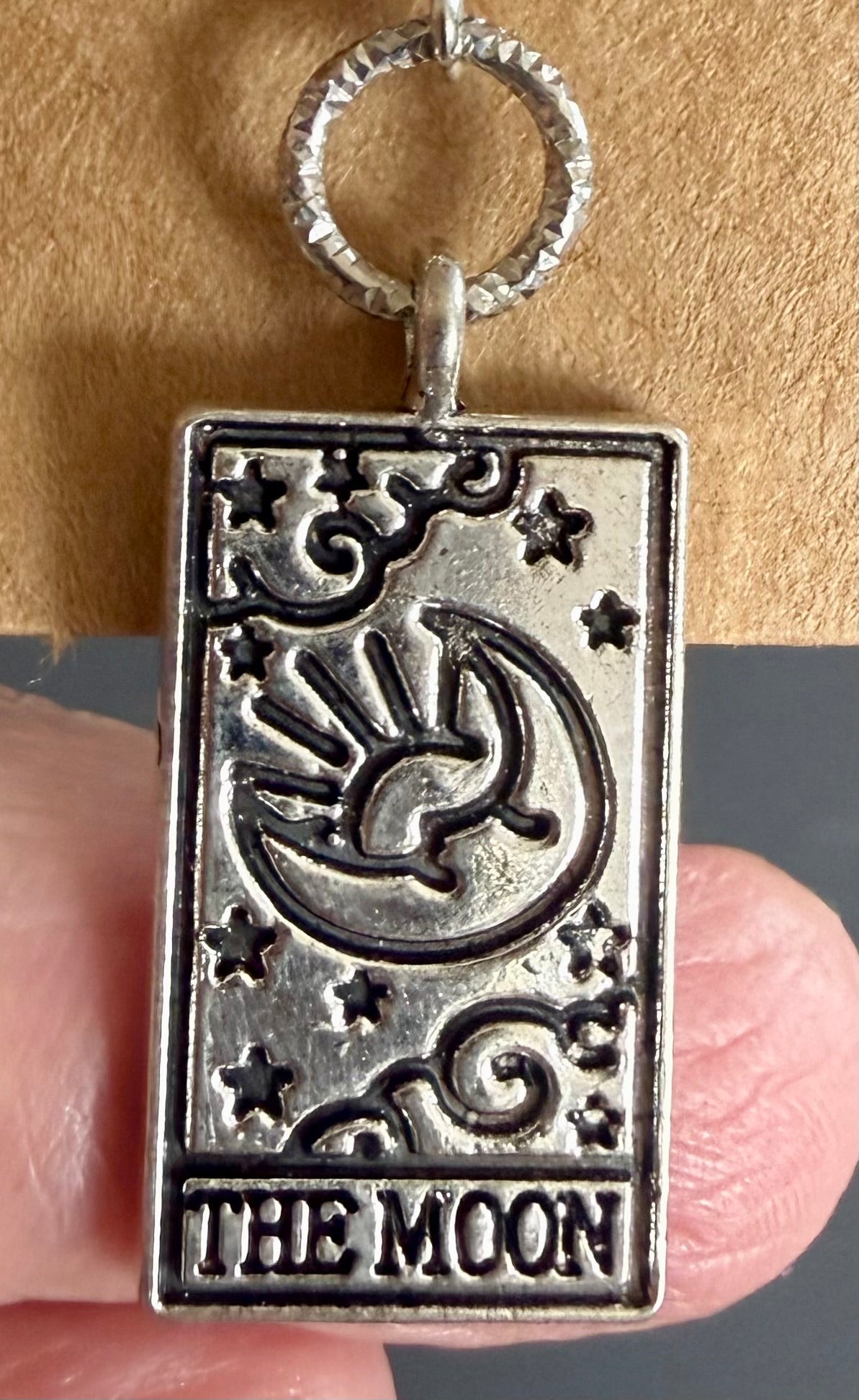 The Moon Tarot Card Charm Earrings with Amethyst Gemstones.