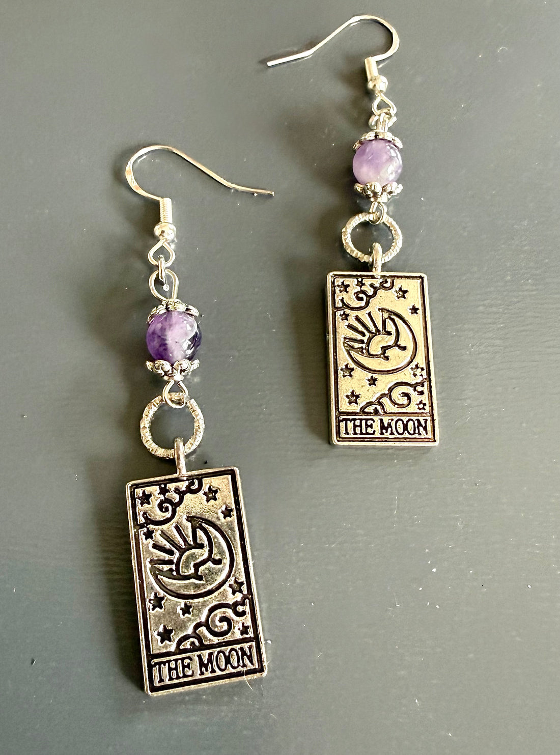 The Moon Tarot Card Charm Earrings with Amethyst Gemstones.